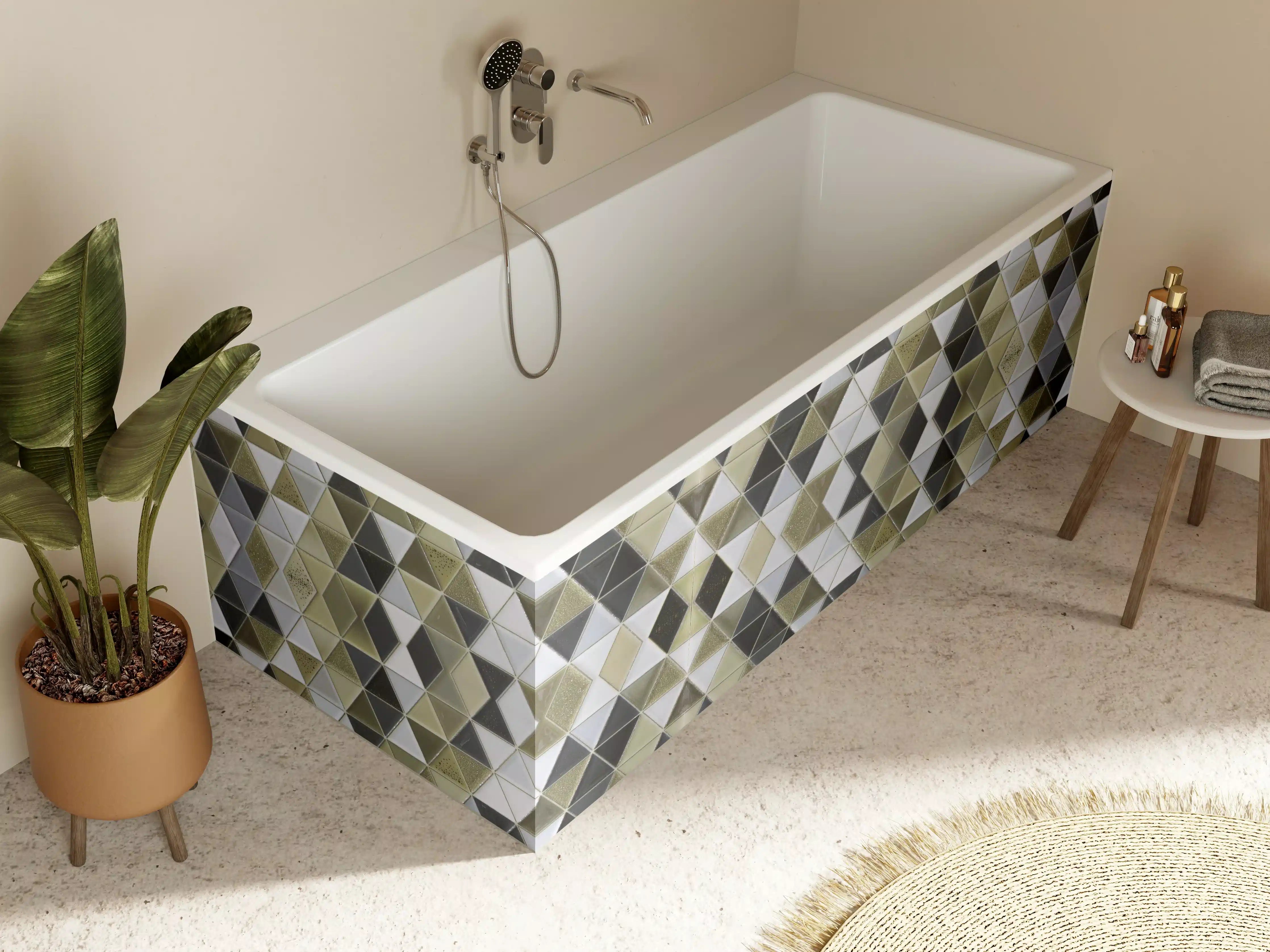 Badewannen-Rückwand - Mosaikfliesen in Grau-Beige-Schwarz-Design