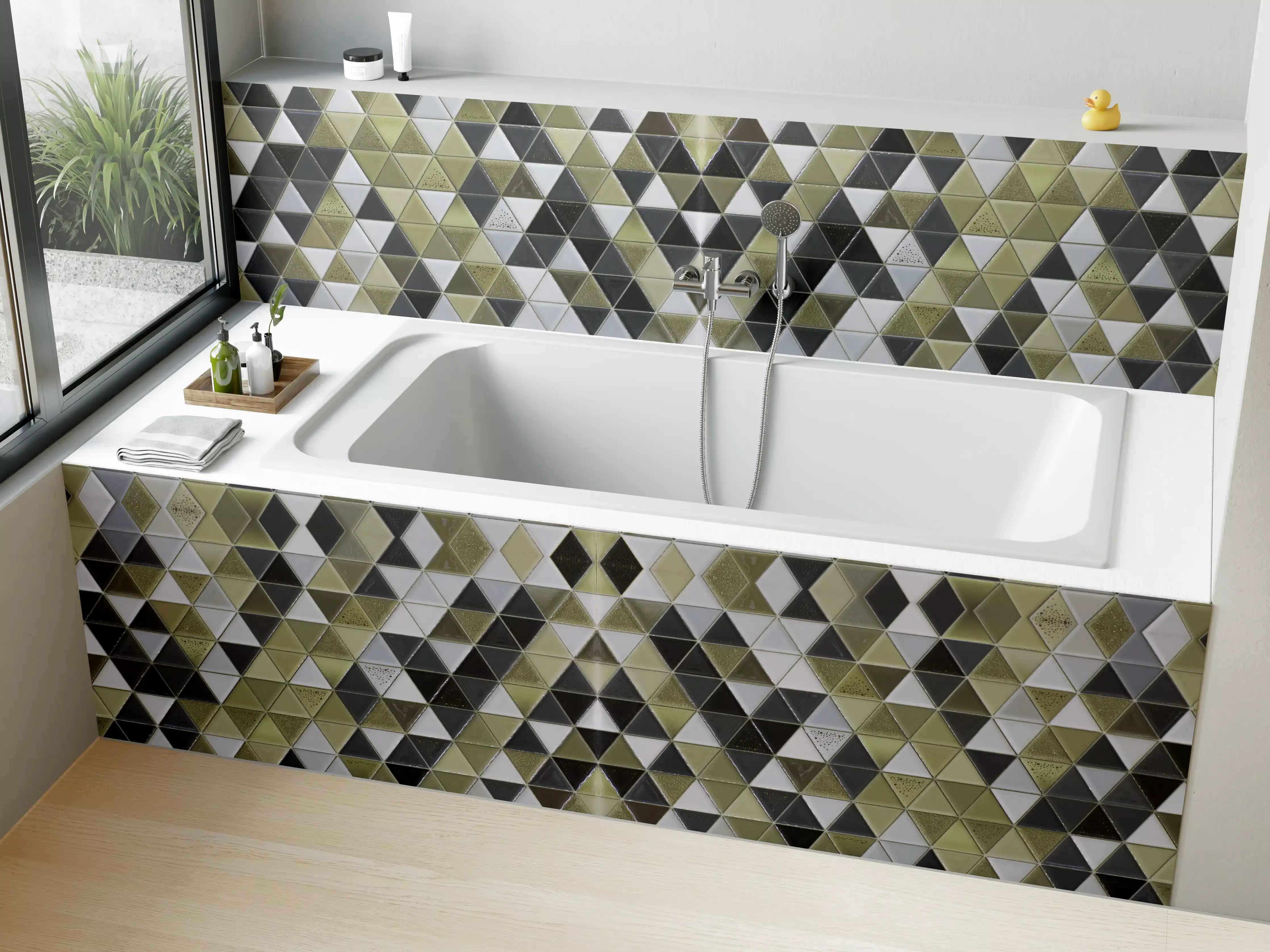Badewannen-Rückwand - Mosaikfliesen in Grau-Beige-Schwarz-Design
