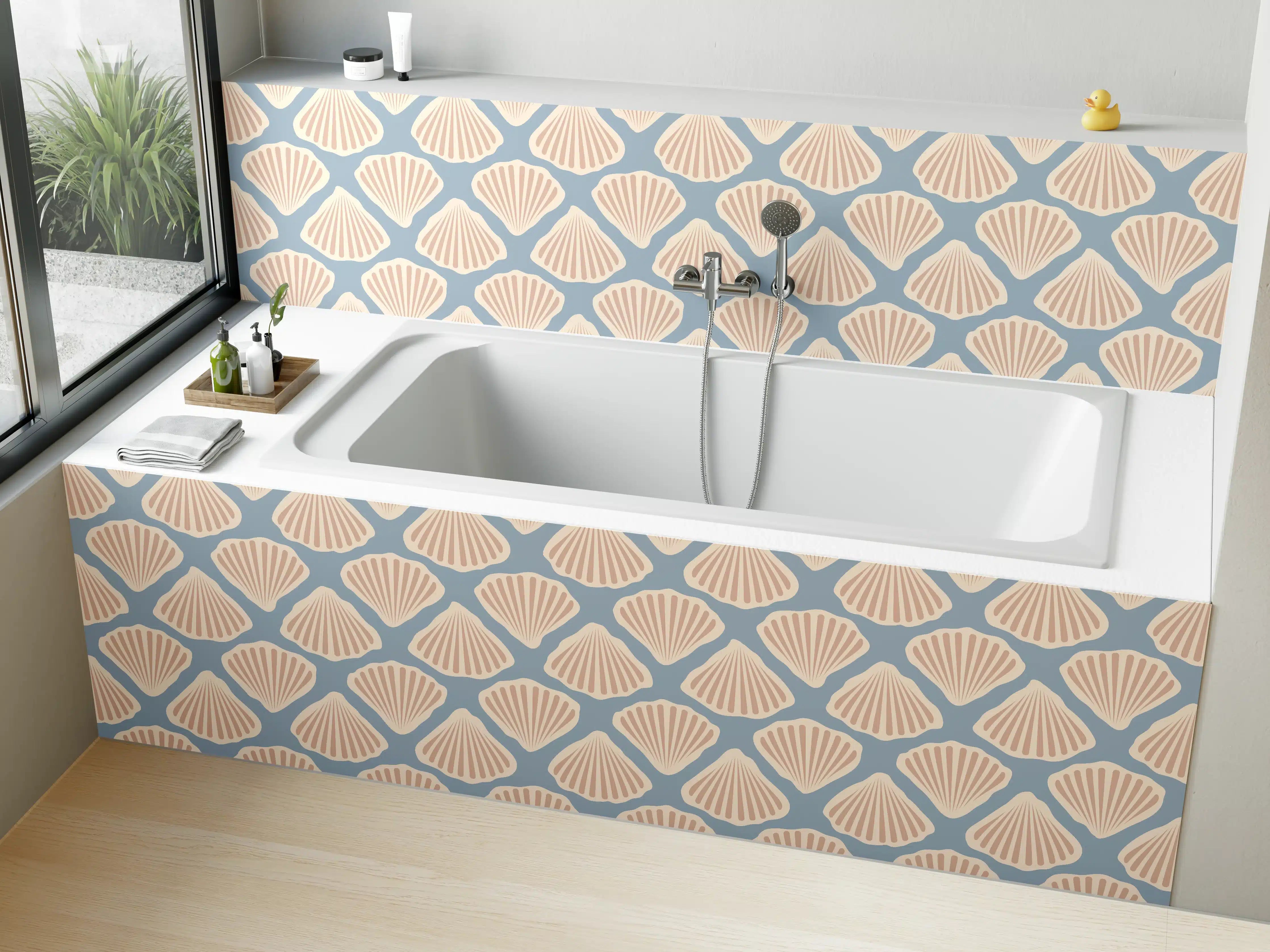 Badewannen-Rückwand - Muschel-Muster Türkis-Beige Tapete