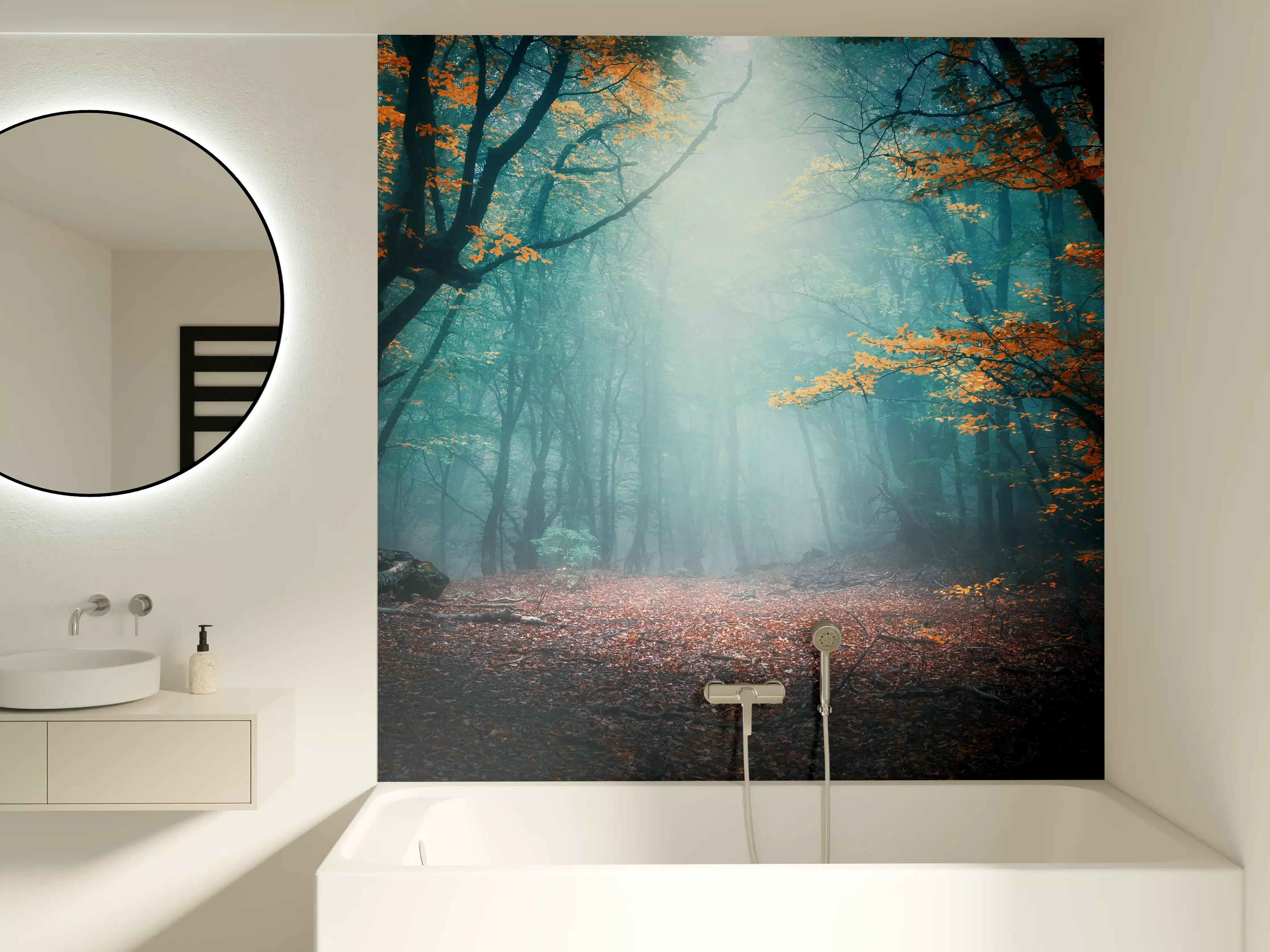 Badewannen-Rückwand - Mystischer Wald mit Sonnenlicht im Herbst