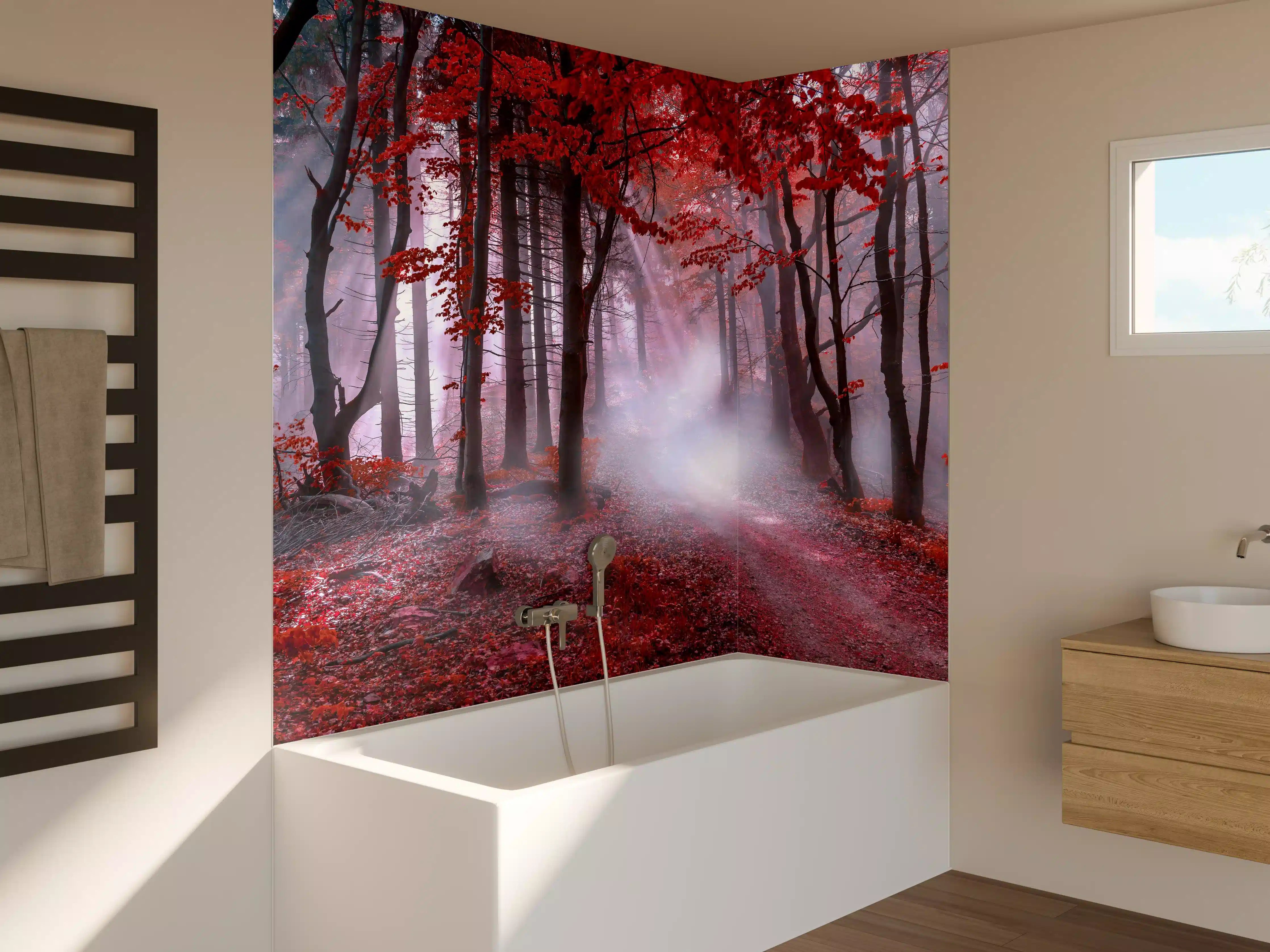 Badewannen-Rückwand - Mystischer roter Wald