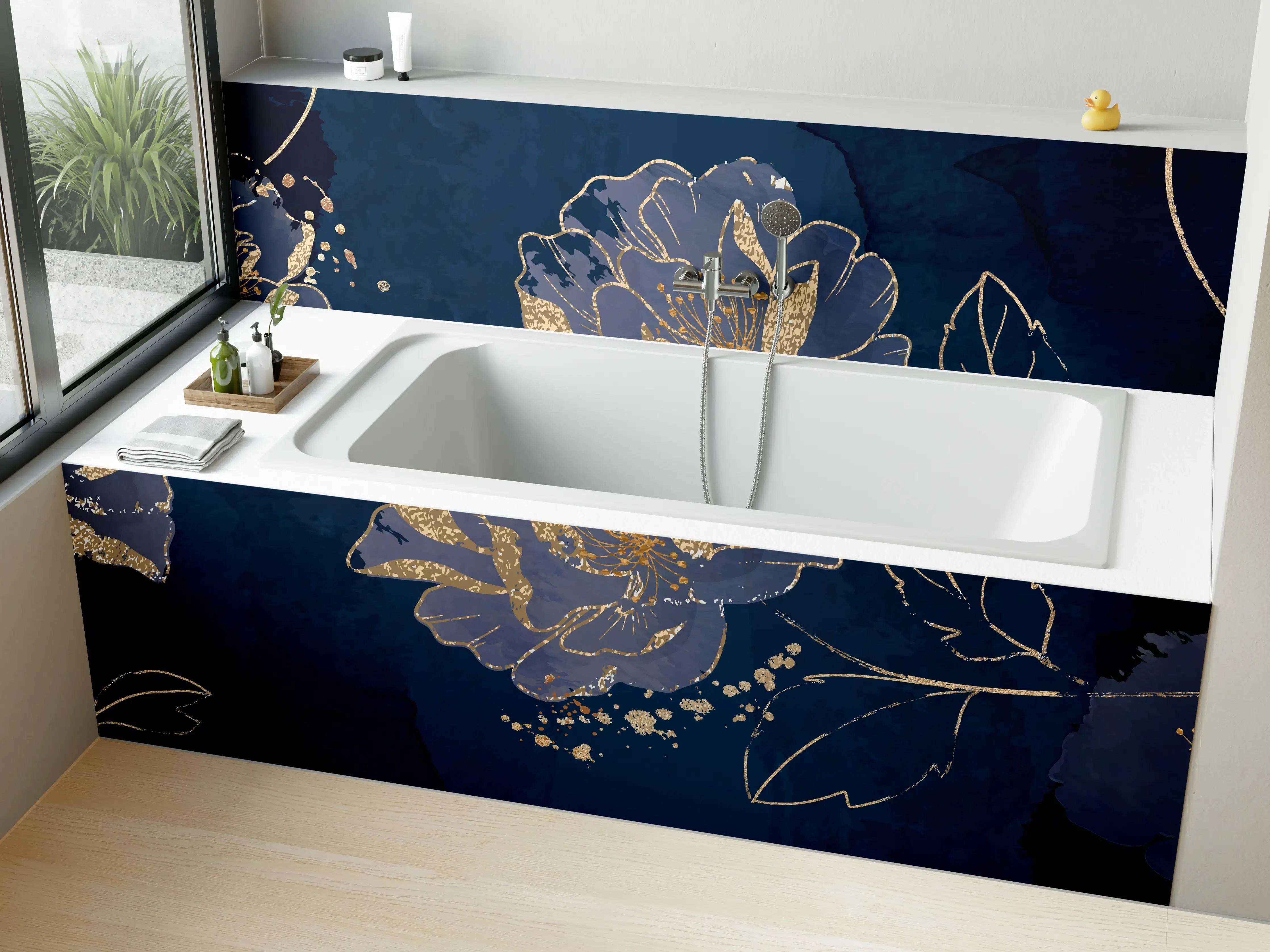 Badewannen-Rückwand - Nachtblaue Blumen Goldakzente