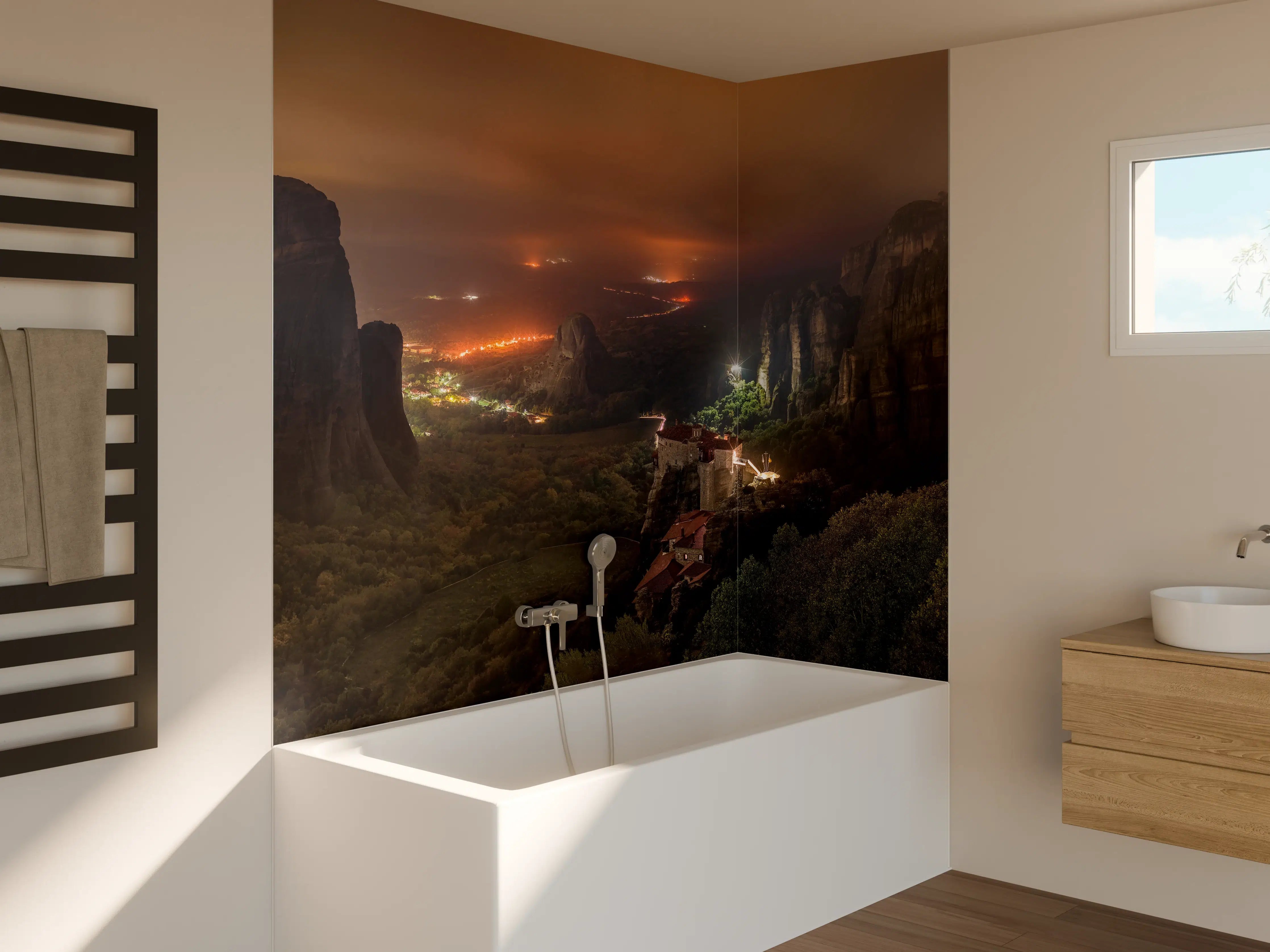 Badewannen-Rückwand - Nächtlicher Blick auf Meteora Berge