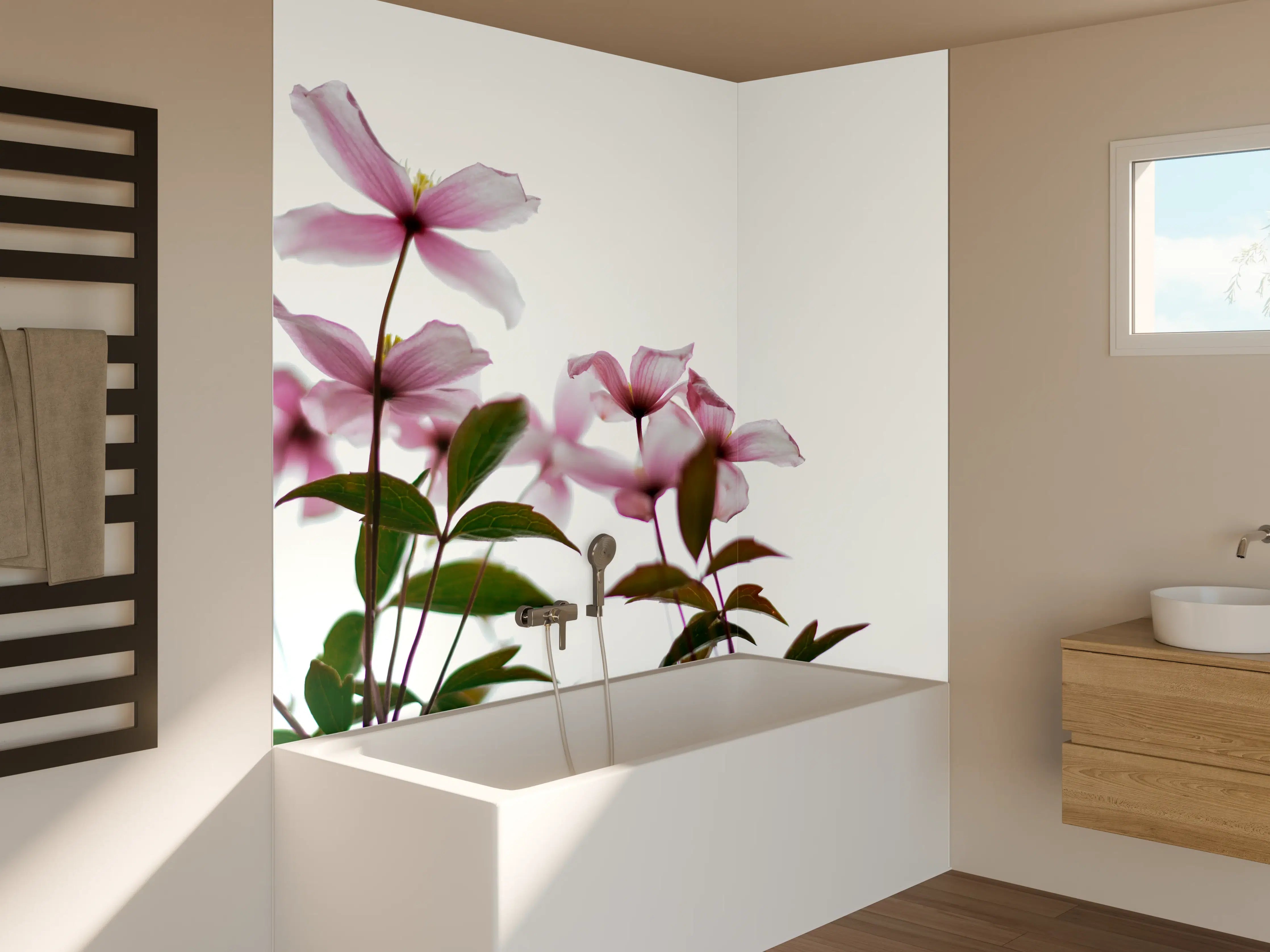Badewannen-Rückwand - Nahaufnahme - Clematis Blüten