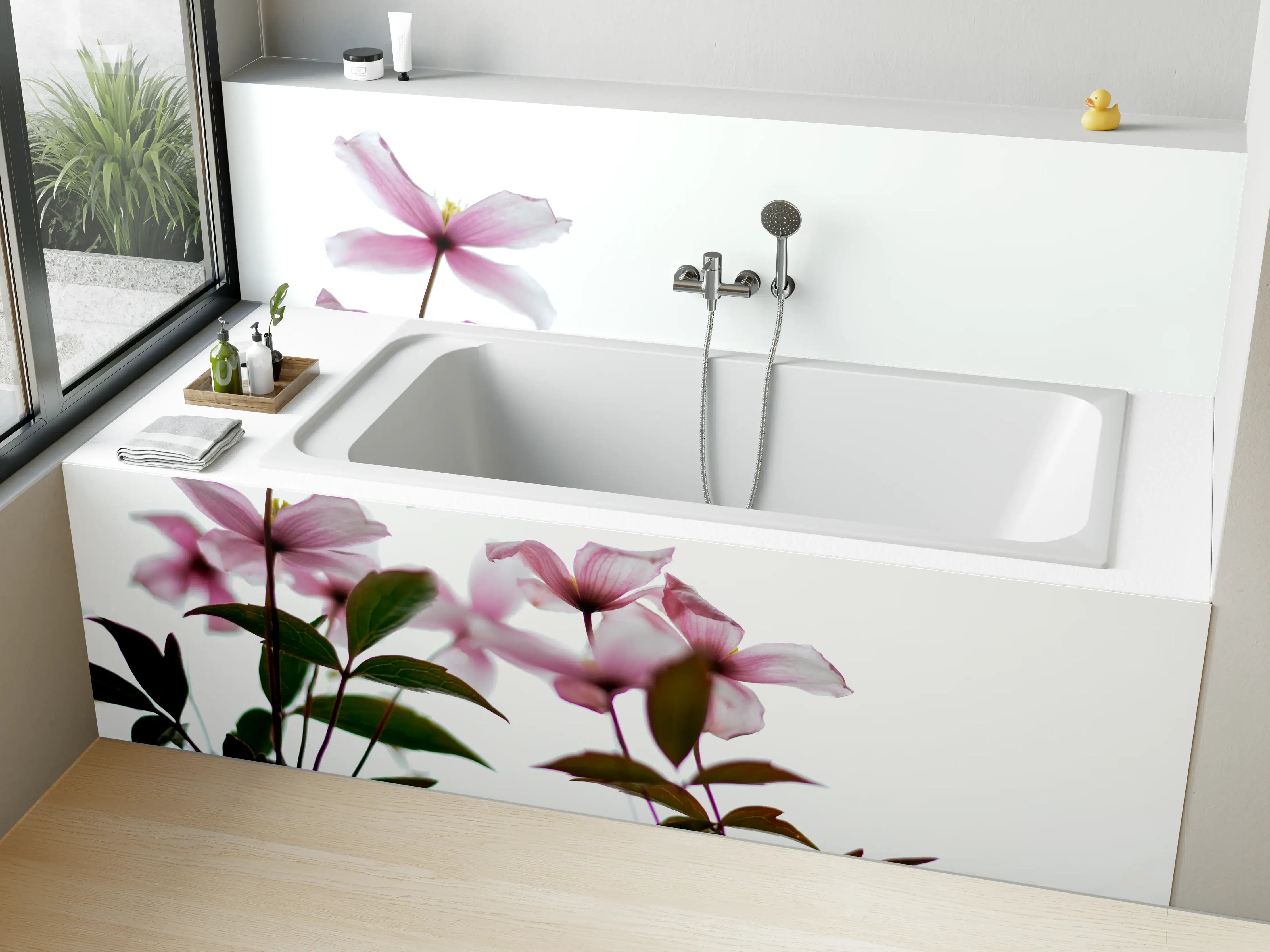 Badewannen-Rückwand - Nahaufnahme - Clematis Blüten