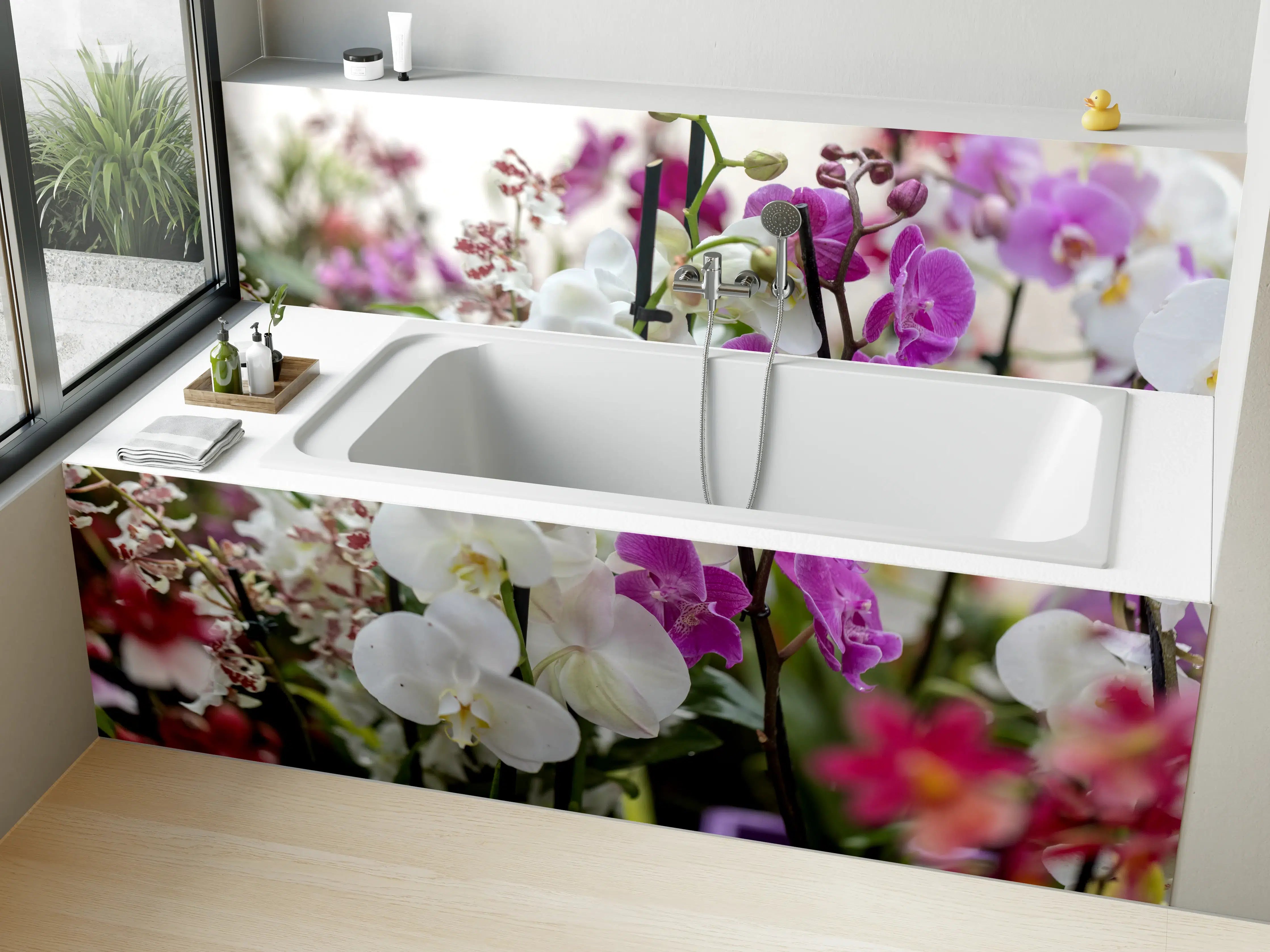 Badewannen-Rückwand - Nahaufnahme von bunten Orchideen
