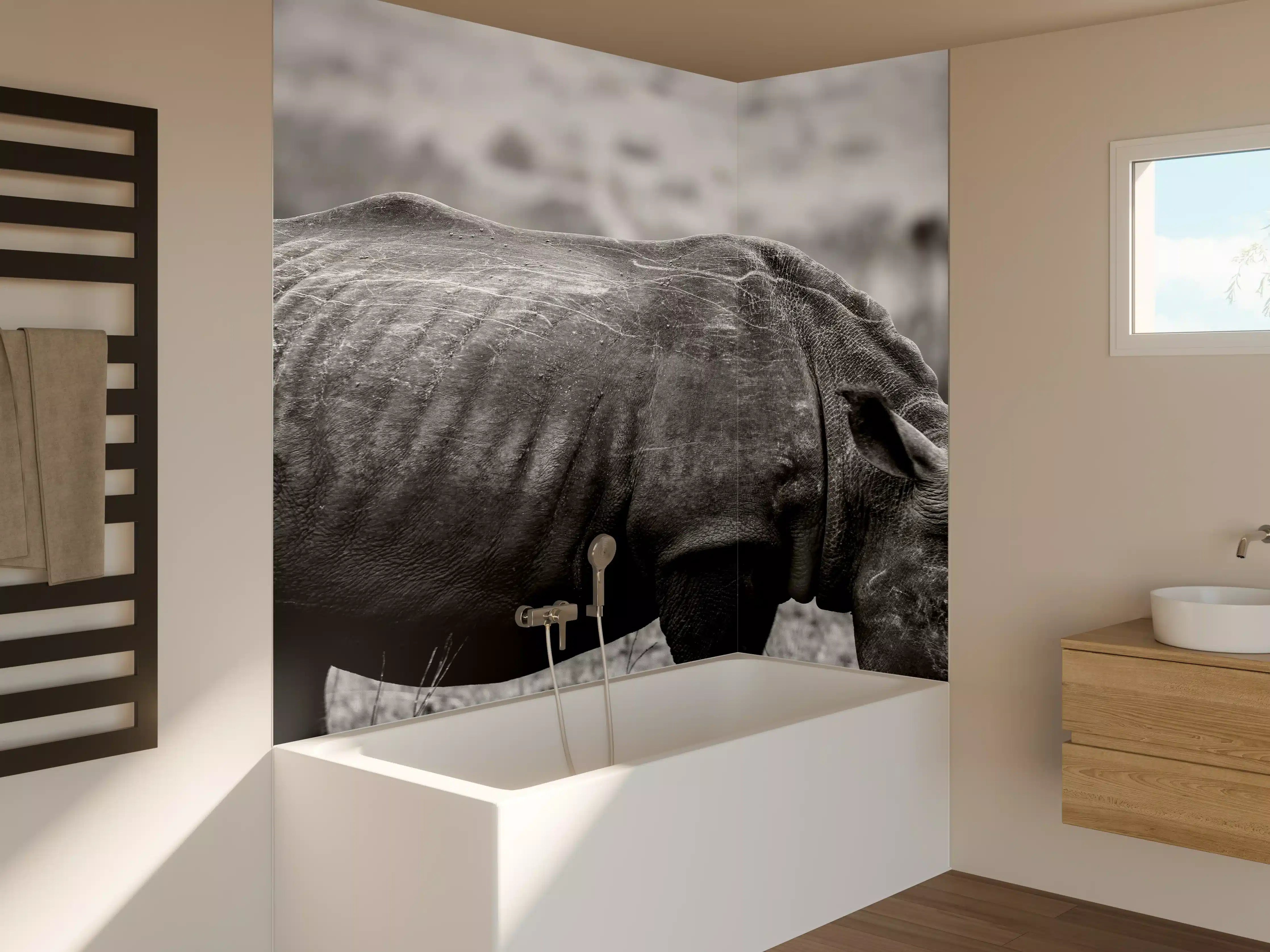 Badewannen-Rückwand - Nashorn - schwarz-weiß