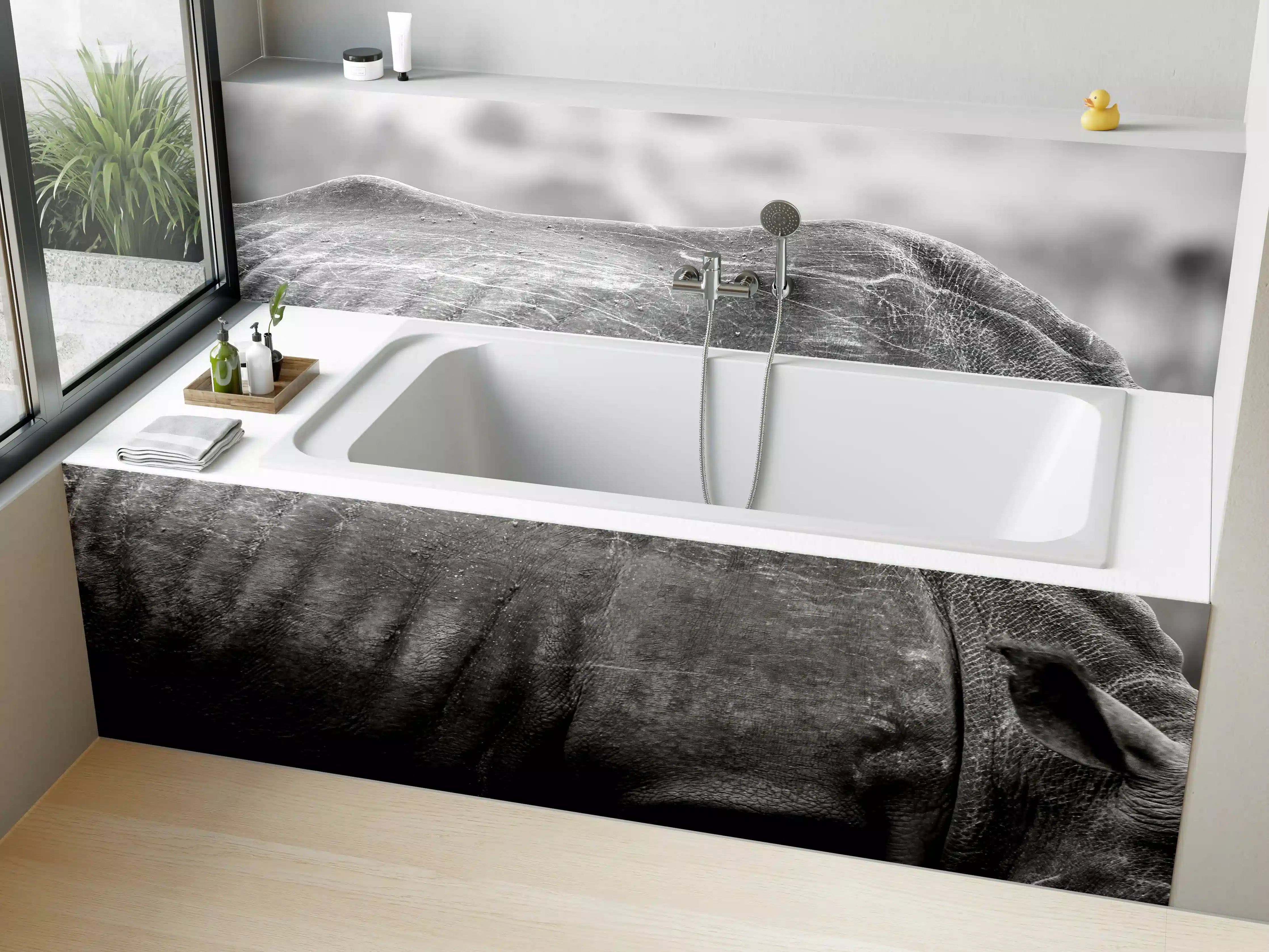 Badewannen-Rückwand - Nashorn - schwarz-weiß