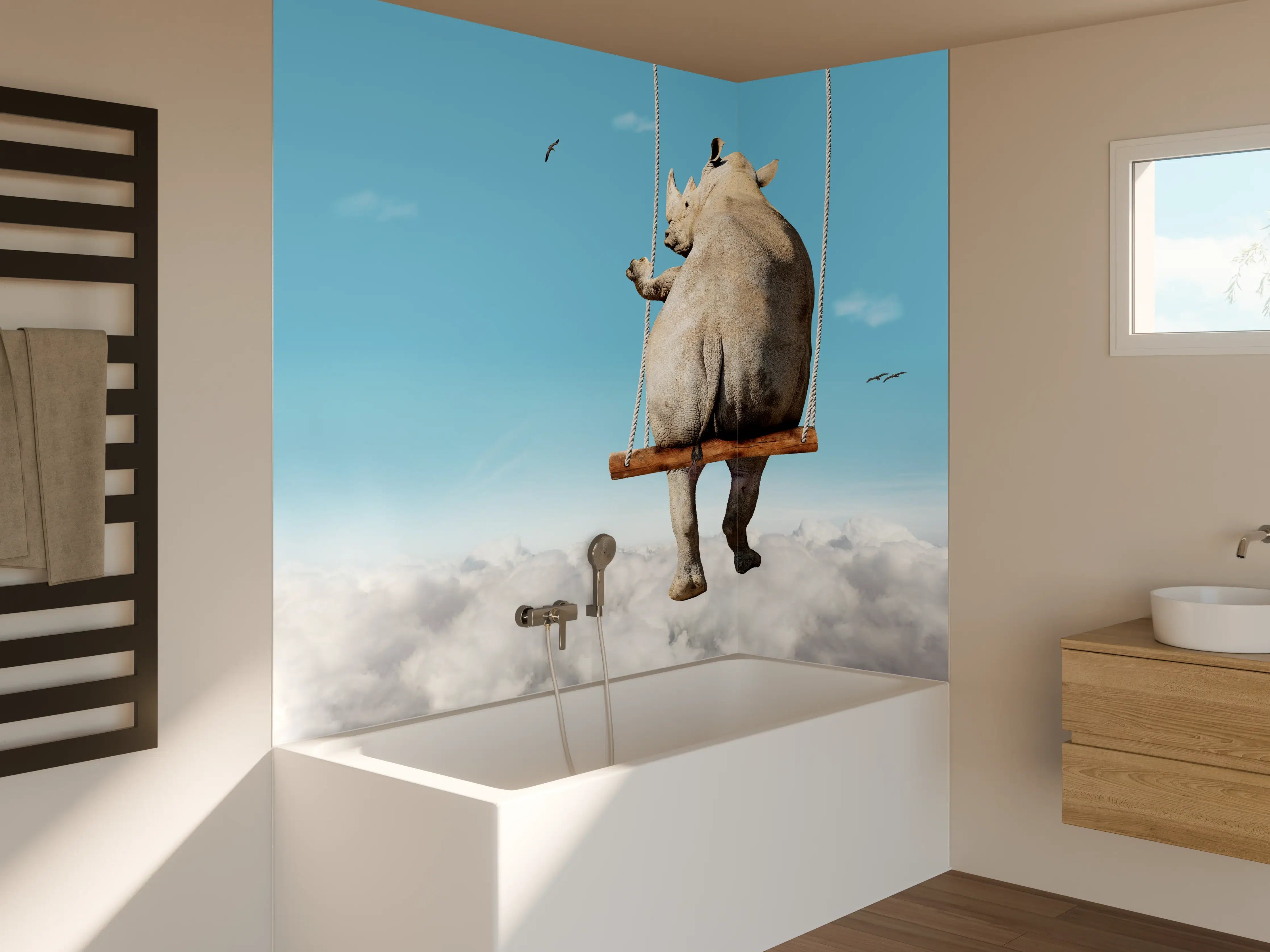 Badewannen-Rückwand - Nashorn schaukelt über den Wolken