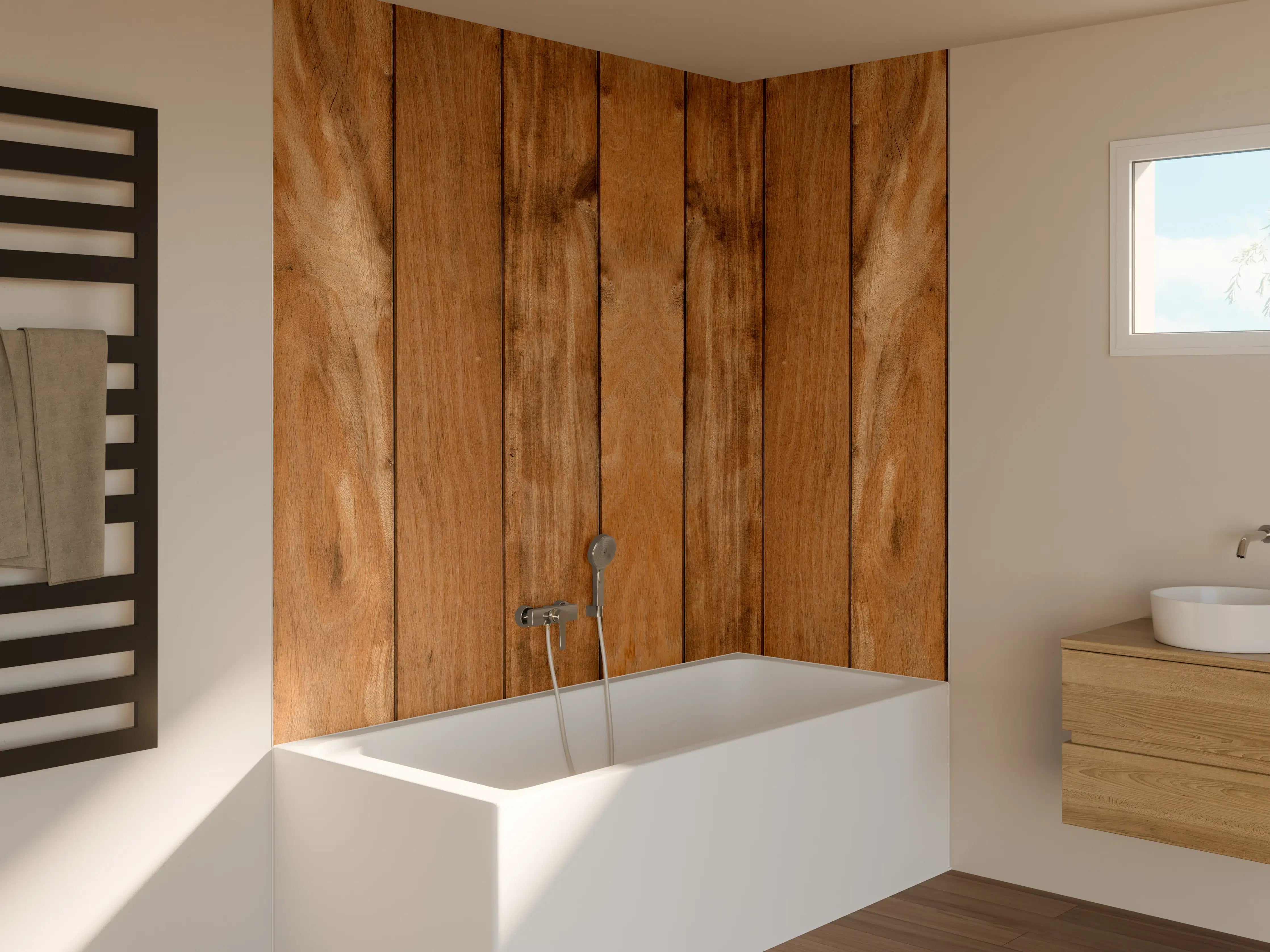 Badewannen-Rückwand - Natürliches Holzpaneel mit warmen Tönen