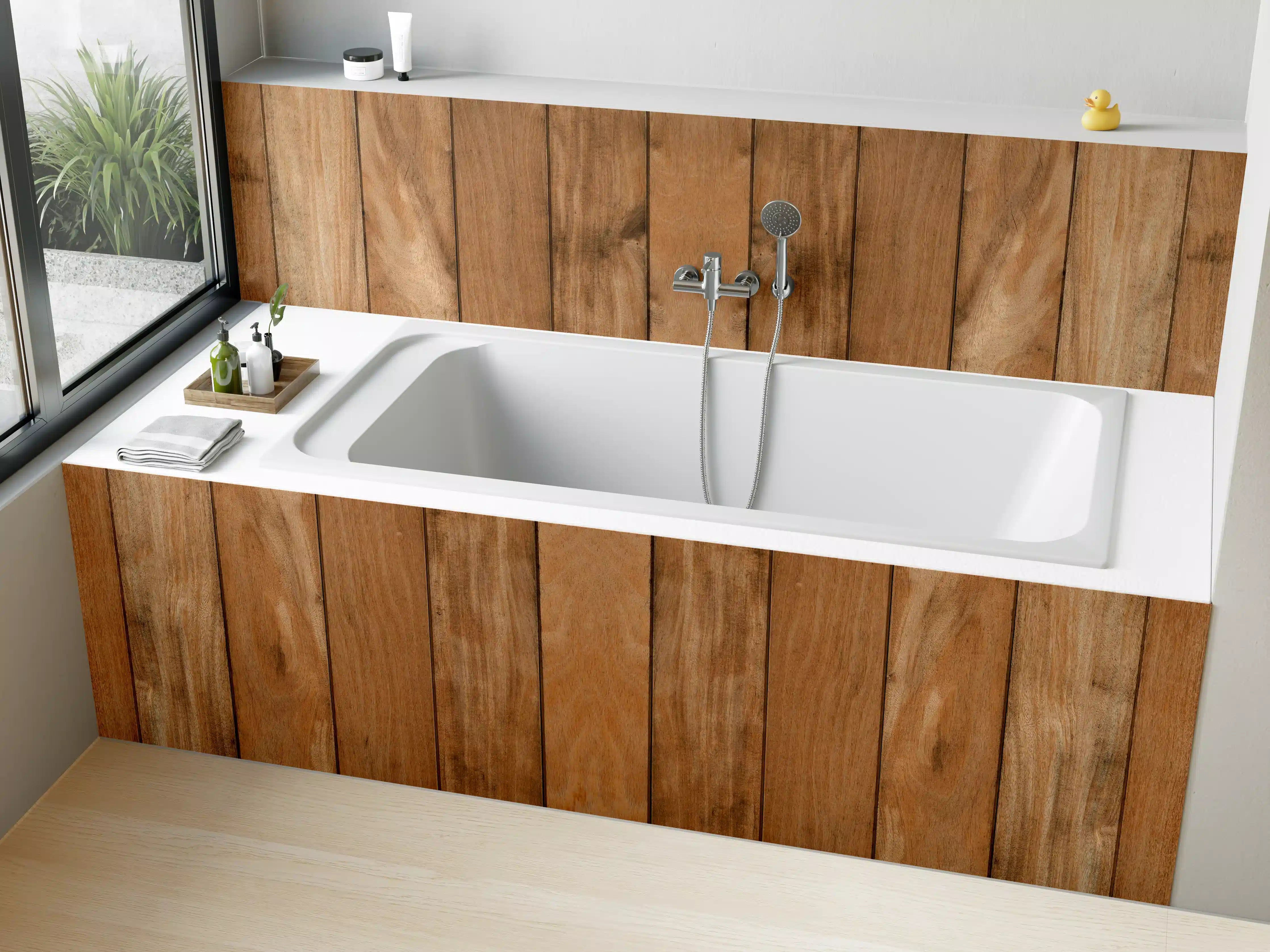Badewannen-Rückwand - Natürliches Holzpaneel mit warmen Tönen