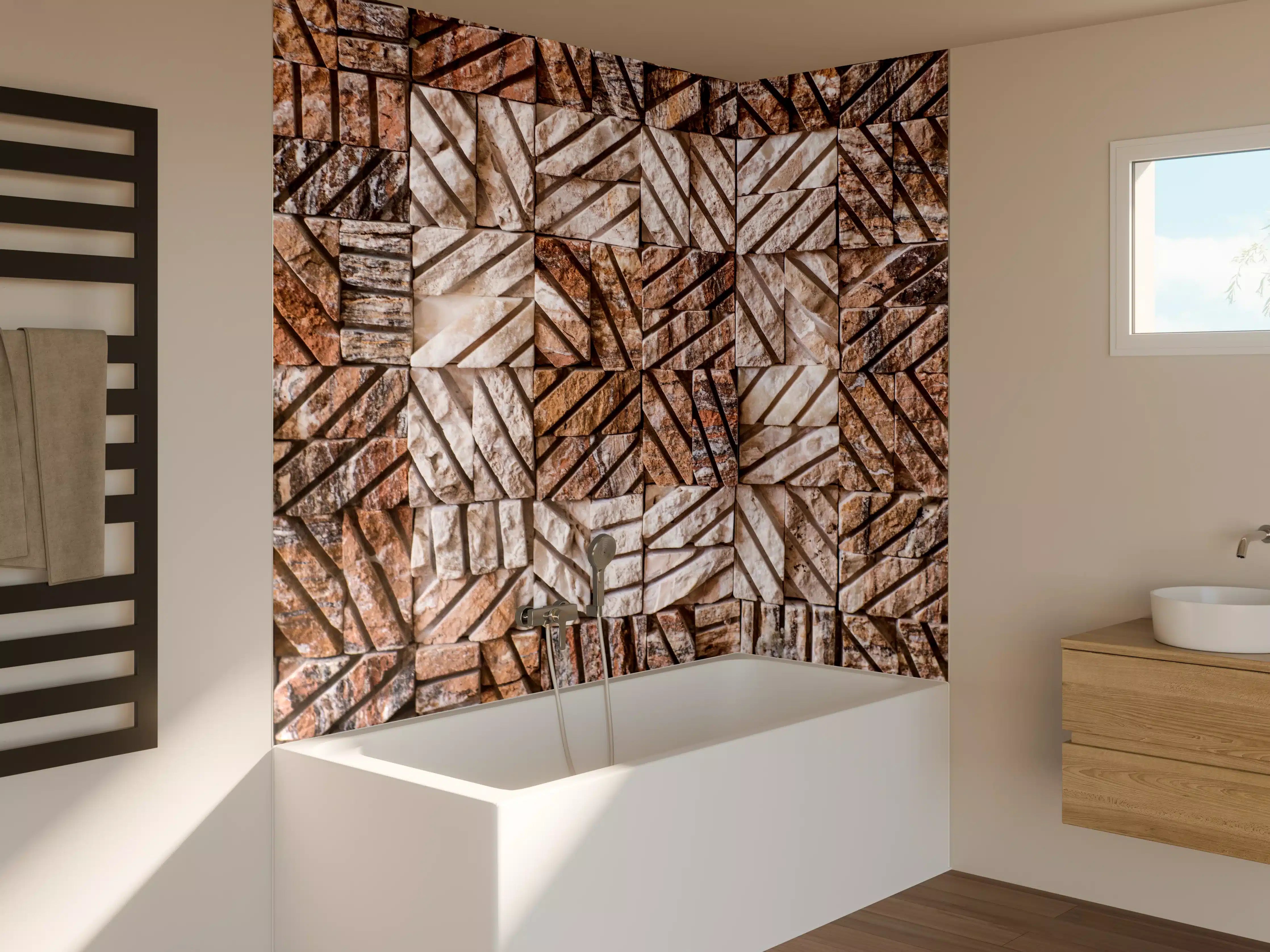 Badewannen-Rückwand - Naturbelassene Holzpflöcke in Musteranordnung