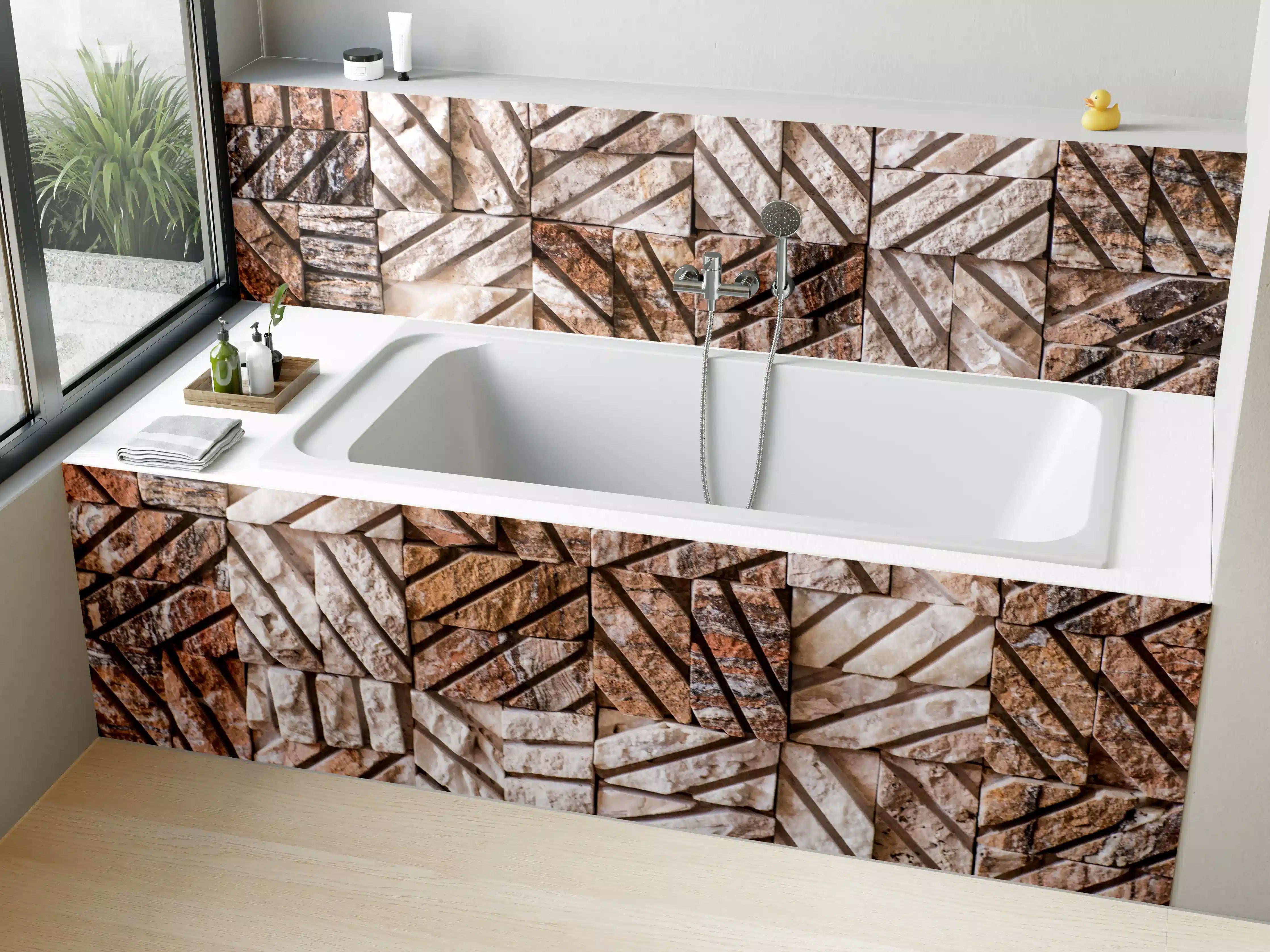 Badewannen-Rückwand - Naturbelassene Holzpflöcke in Musteranordnung