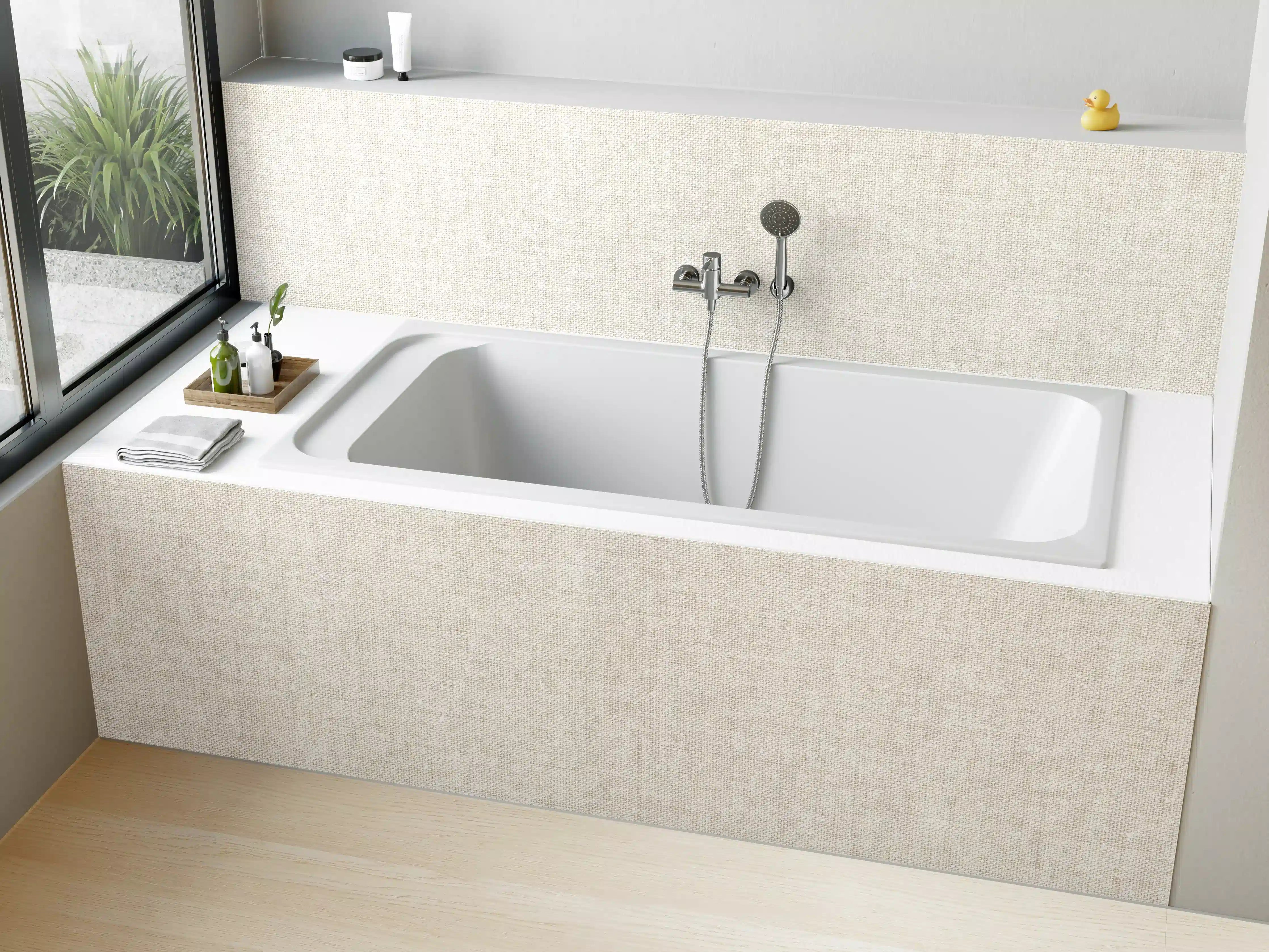 Badewannen-Rückwand - Naturbelassene Stofftextur in Grau-Beige