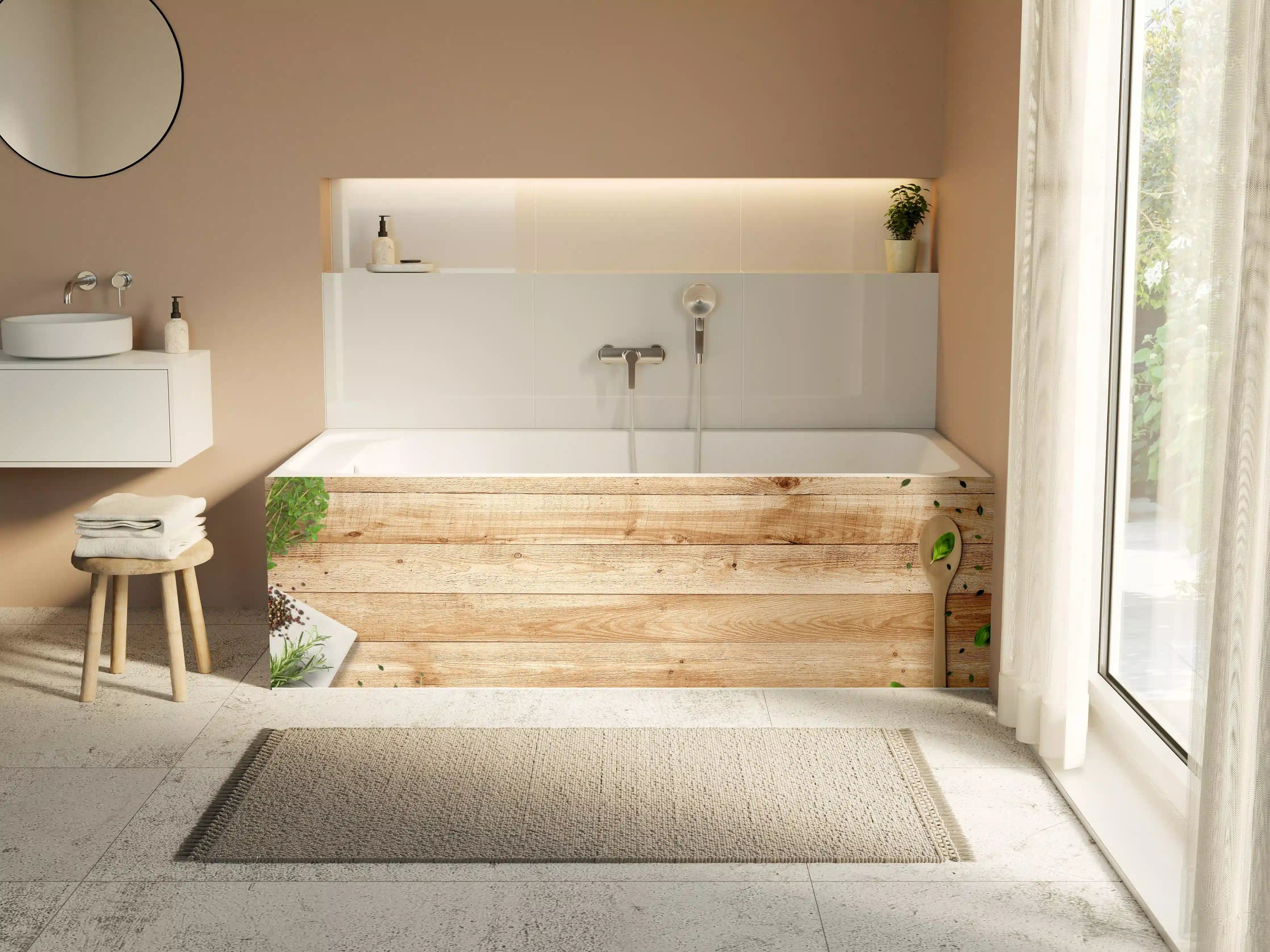 Badewannen-Rückwand - Naturholz-Oberfläche mit Blättern