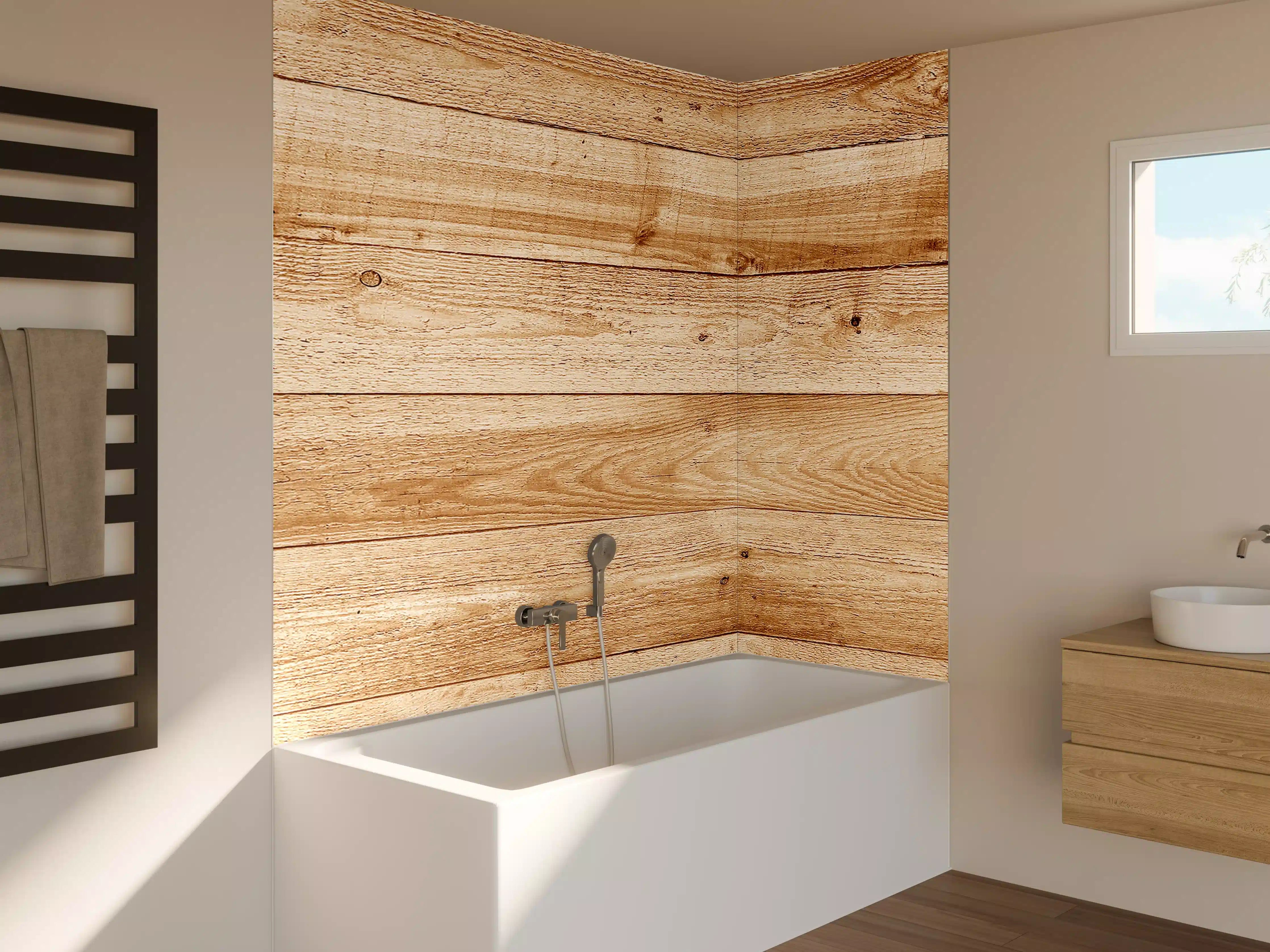 Badewannen-Rückwand - Naturholz-Oberfläche mit Blättern