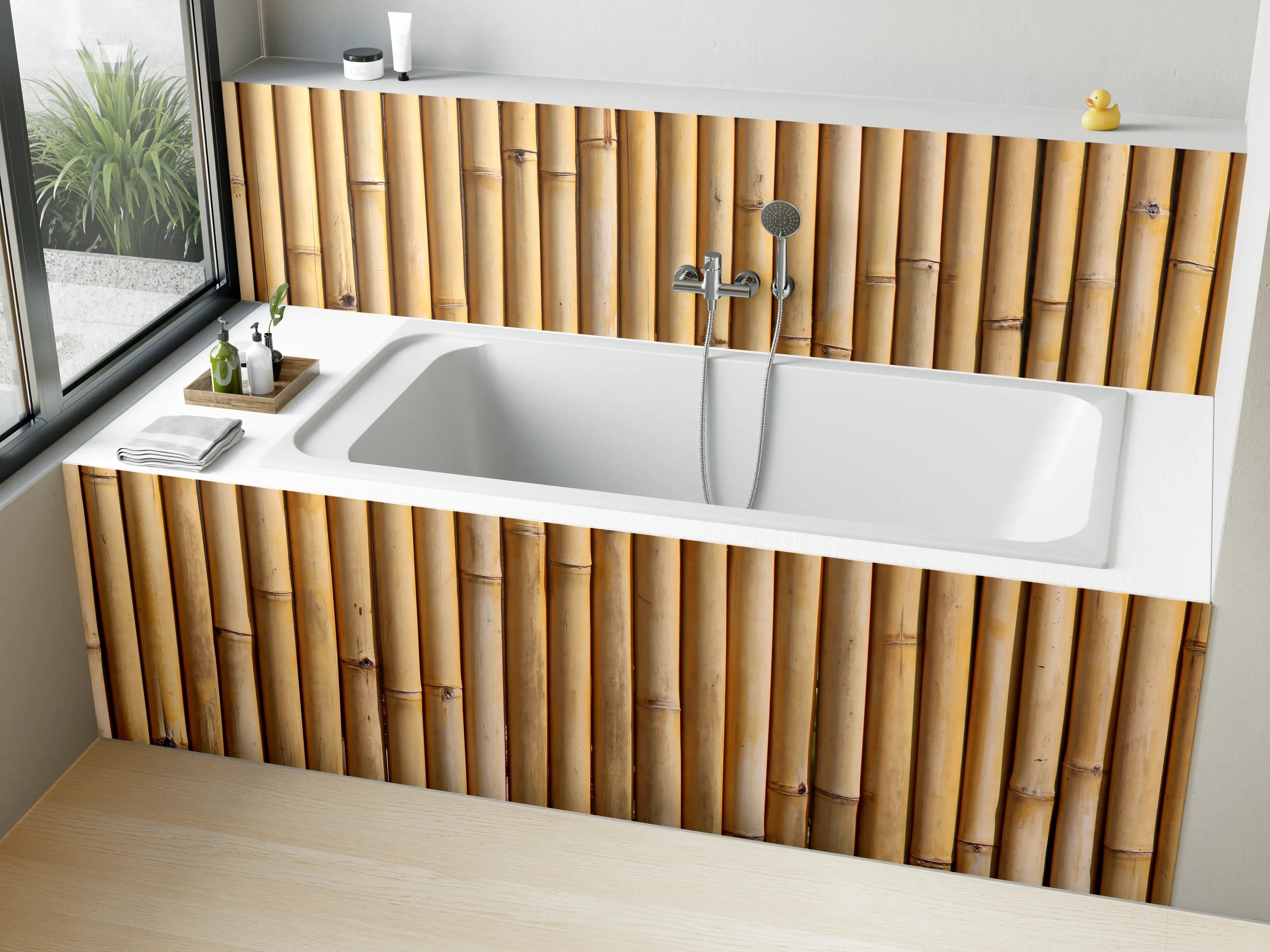 Badewannen-Rückwand - Naturholz-Optik in warmen Brauntönen