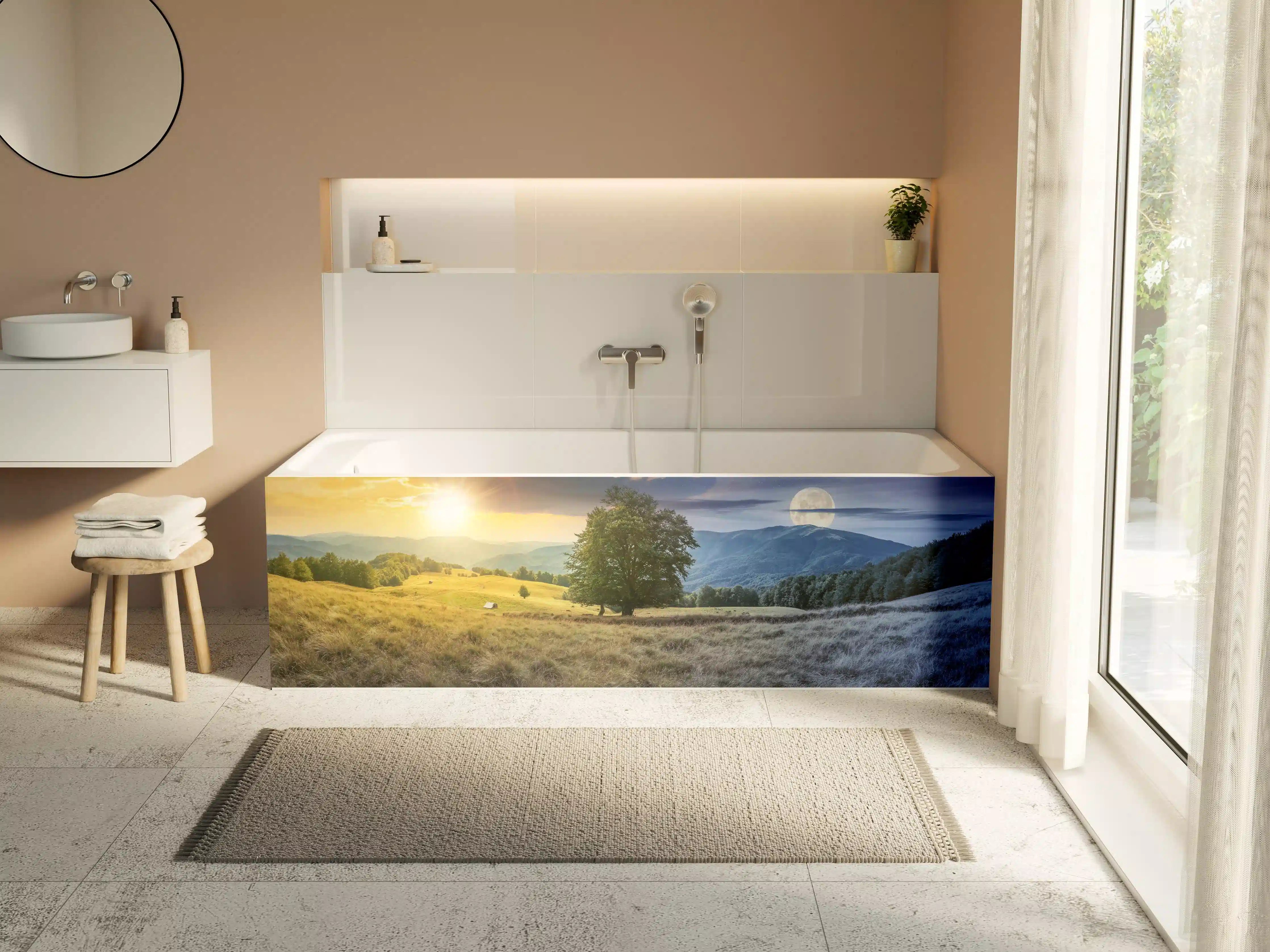 Badewannen-Rückwand - Naturlandschaft bei Sonnenuntergang und Mondschein