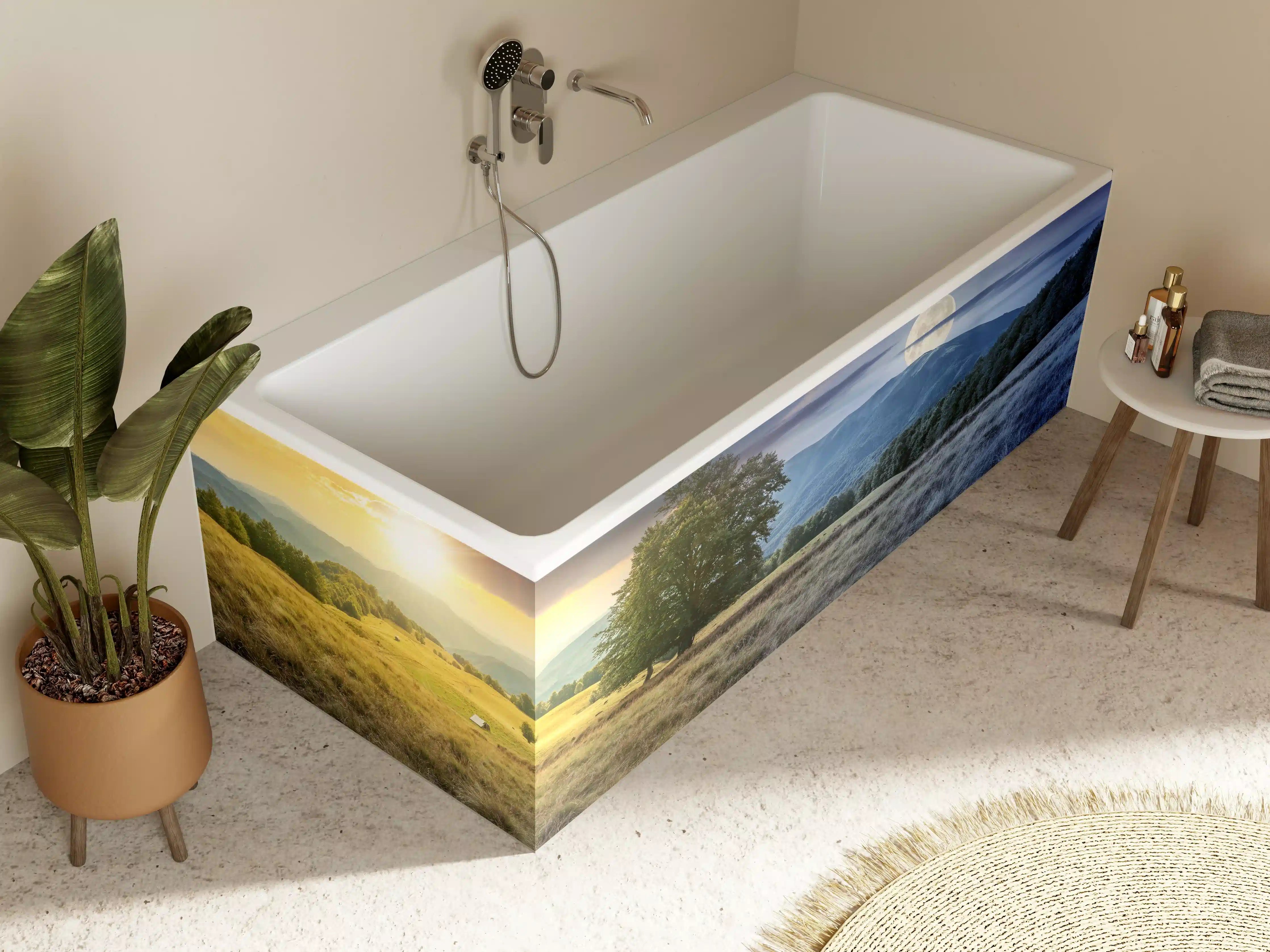 Badewannen-Rückwand - Naturlandschaft bei Sonnenuntergang und Mondschein