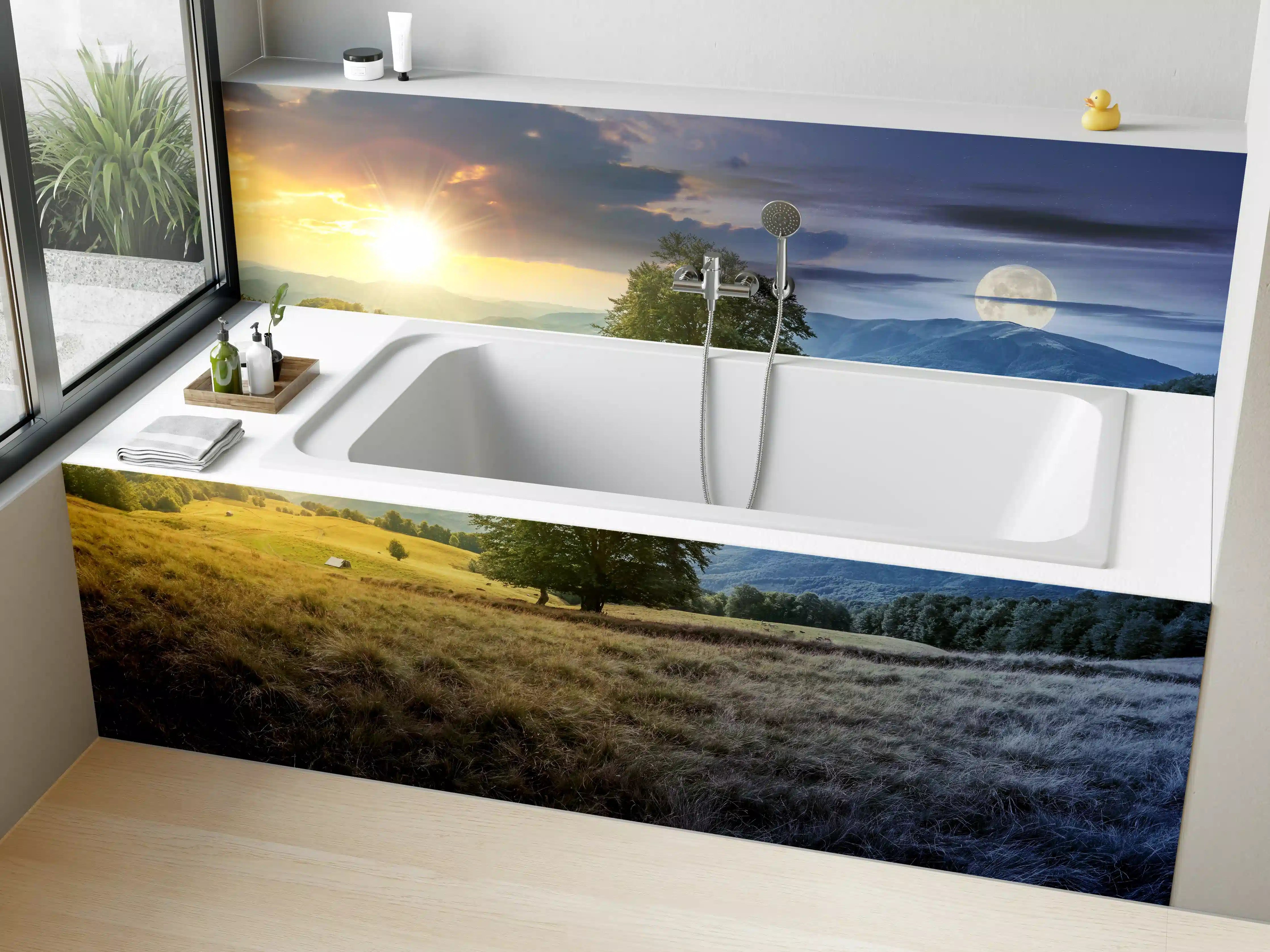 Badewannen-Rückwand - Naturlandschaft bei Sonnenuntergang und Mondschein