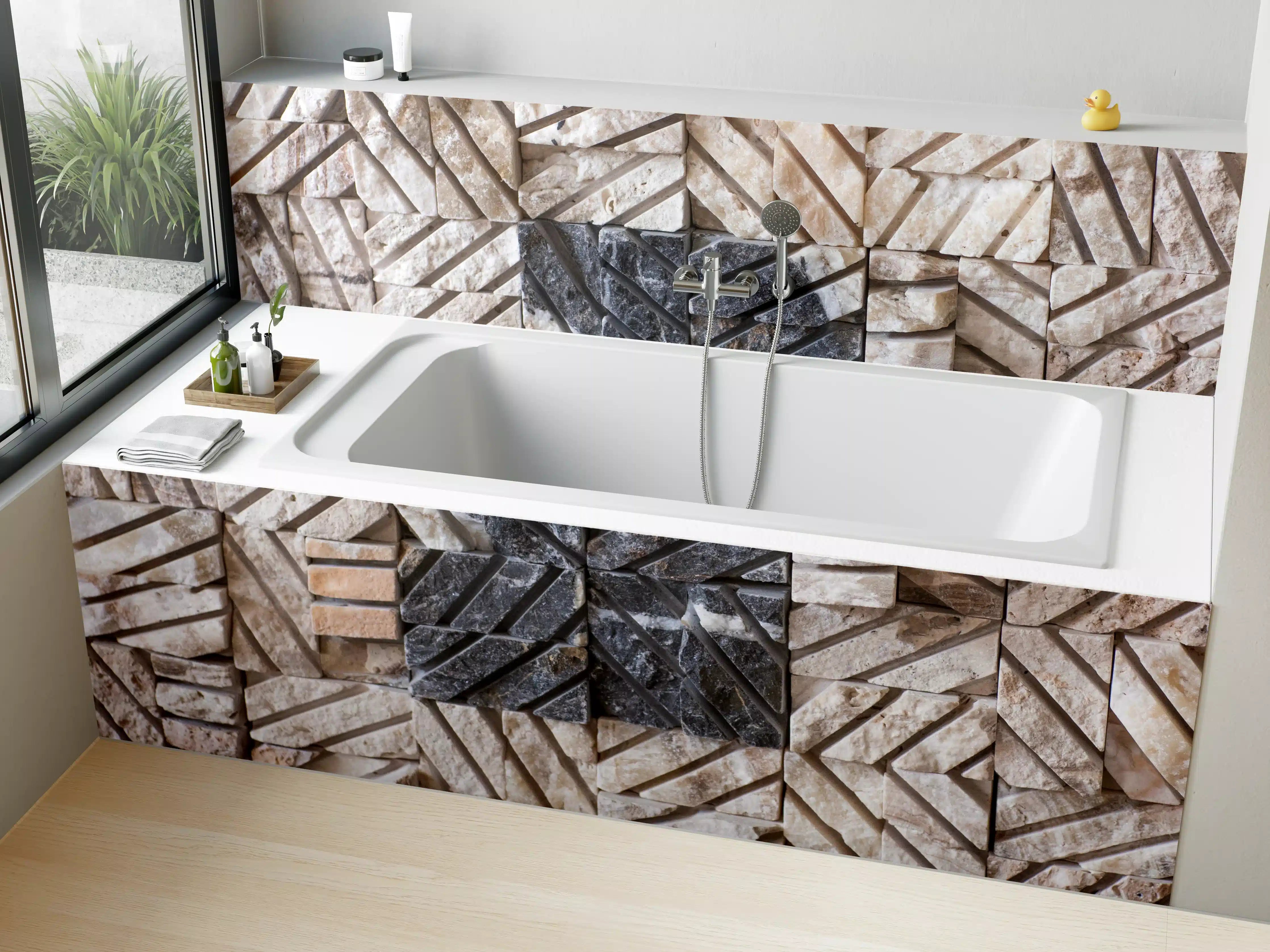 Badewannen-Rückwand - Naturstein Mosaik mit schwarzen Akzenten