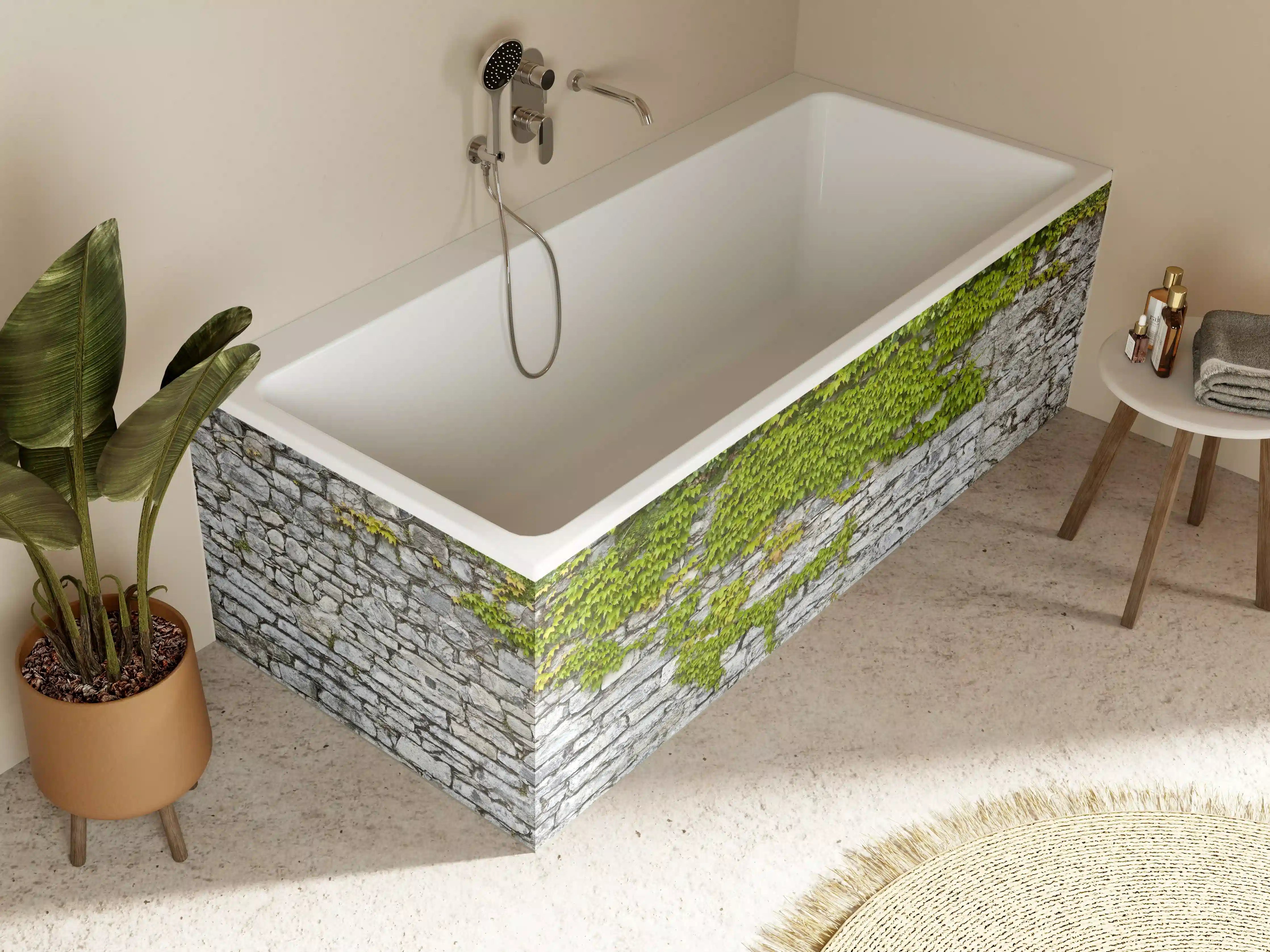 Badewannen-Rückwand - Natursteinmauer mit Weinlaub