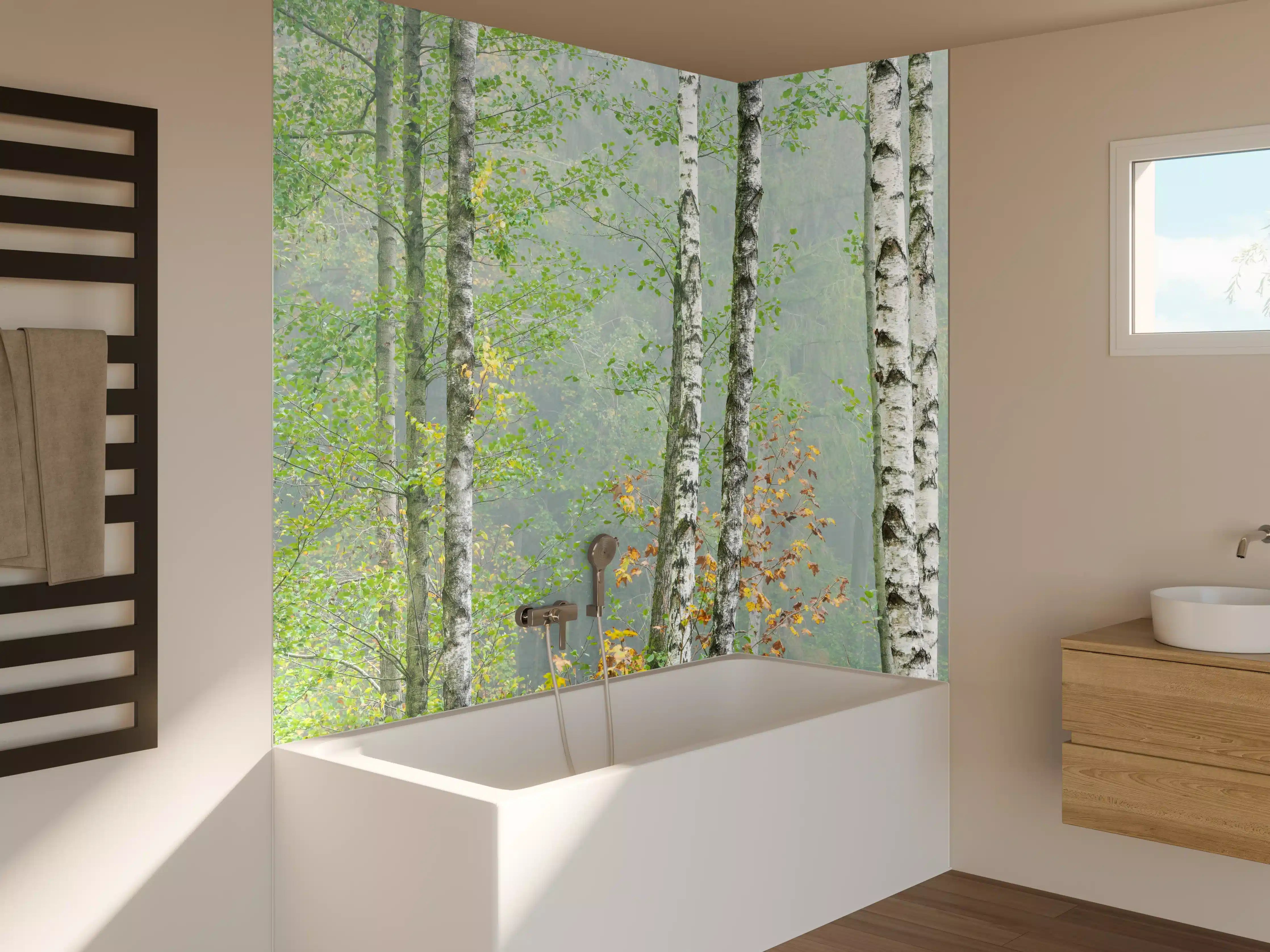 Badewannen-Rückwand - Nebeliger Birkenwald