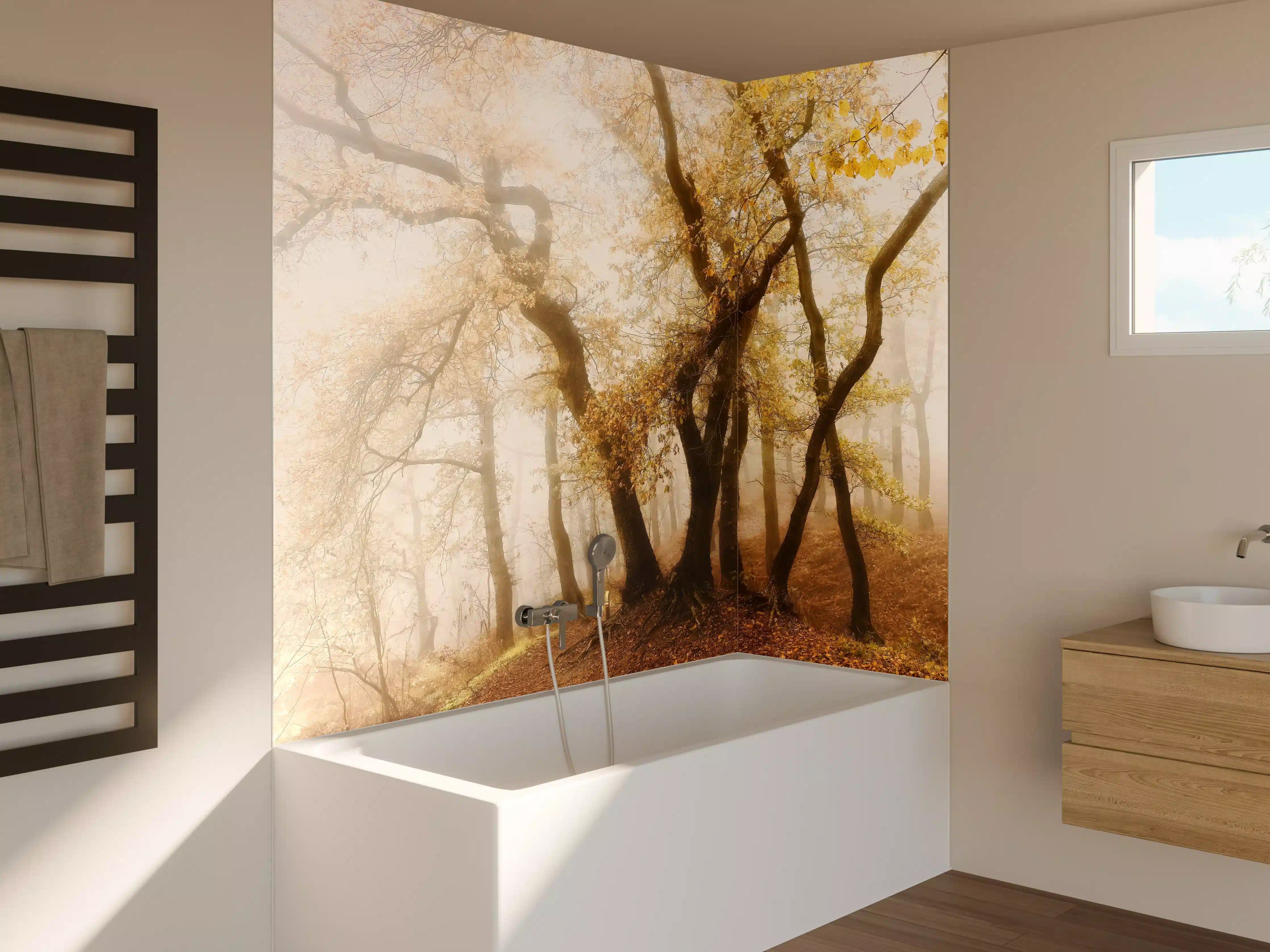 Badewannen-Rückwand - Nebeliger Wald im Herbst