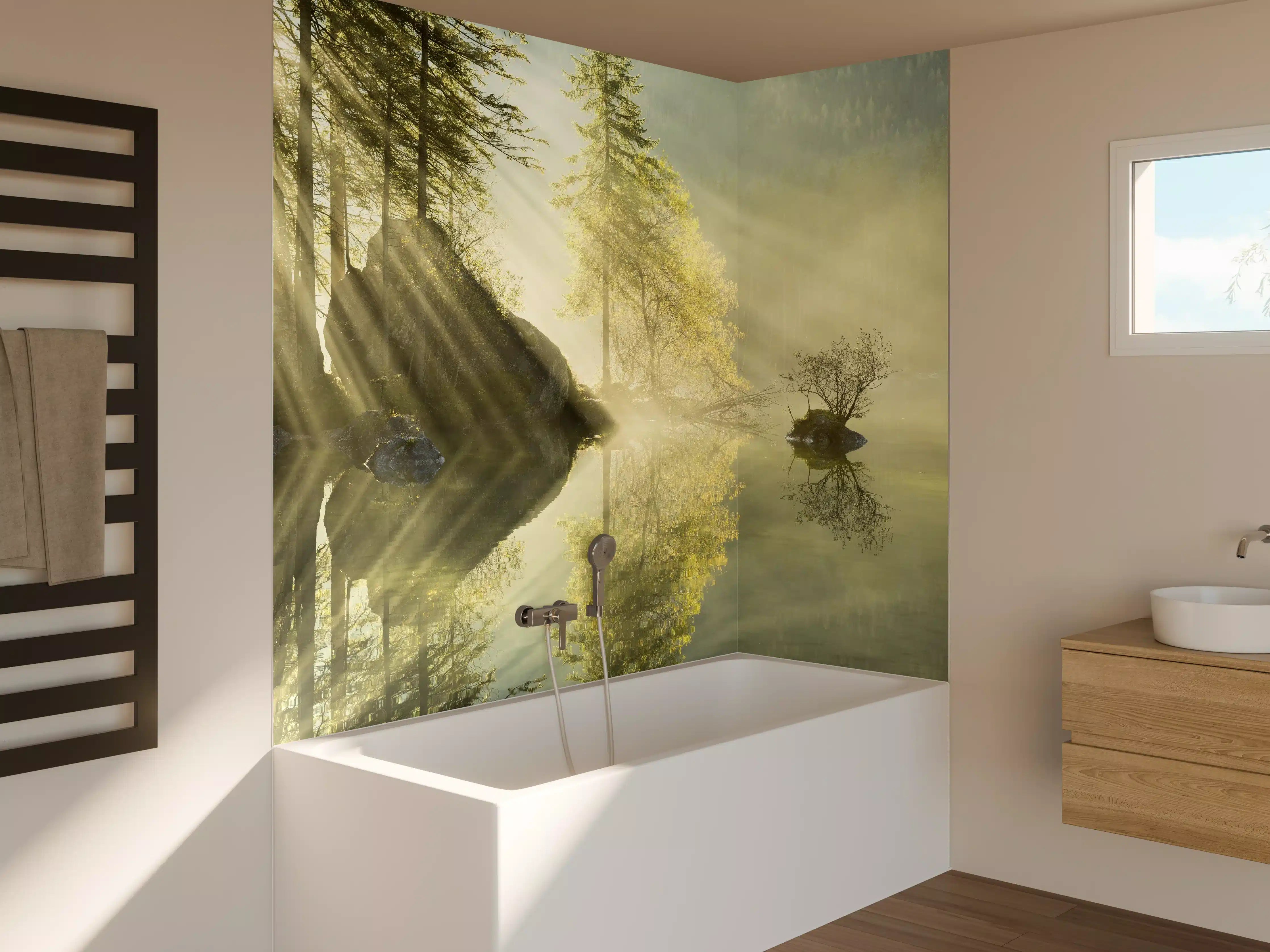 Badewannen-Rückwand - Nebeliger Waldsee bei Sonnenaufgang