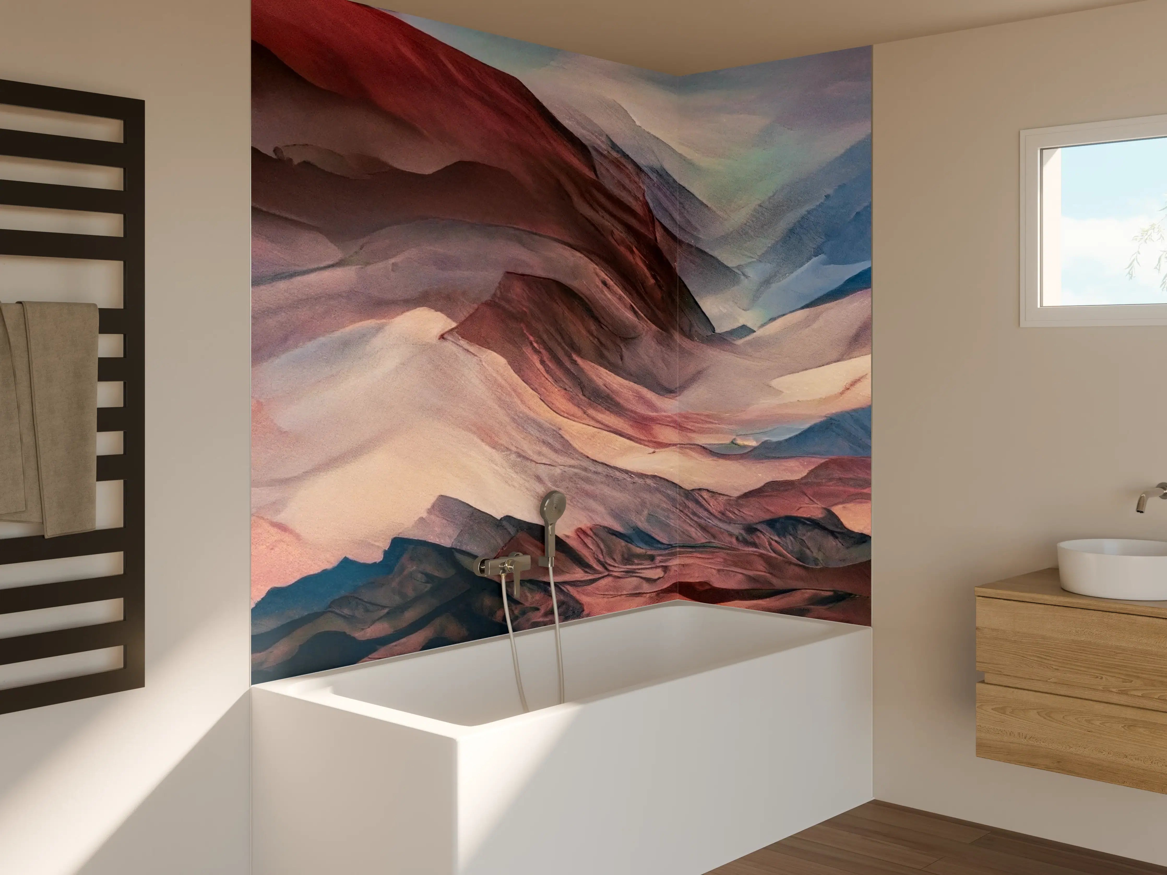 Badewannen-Rückwand - Neblige Bergwelt in Grau- und Weißnuancen