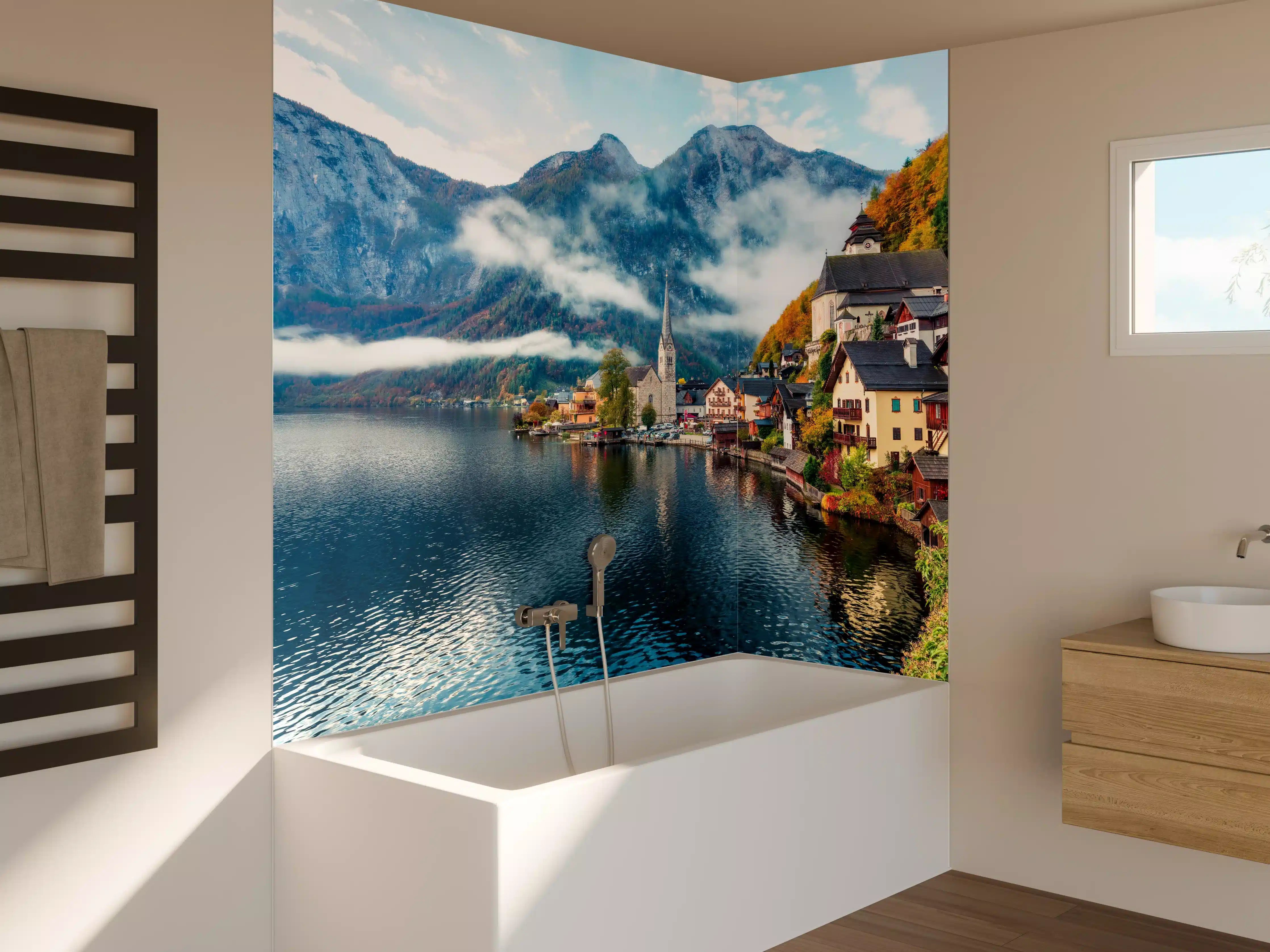 Badewannen-Rückwand - Neblige Herbstszene am Hallstätter See