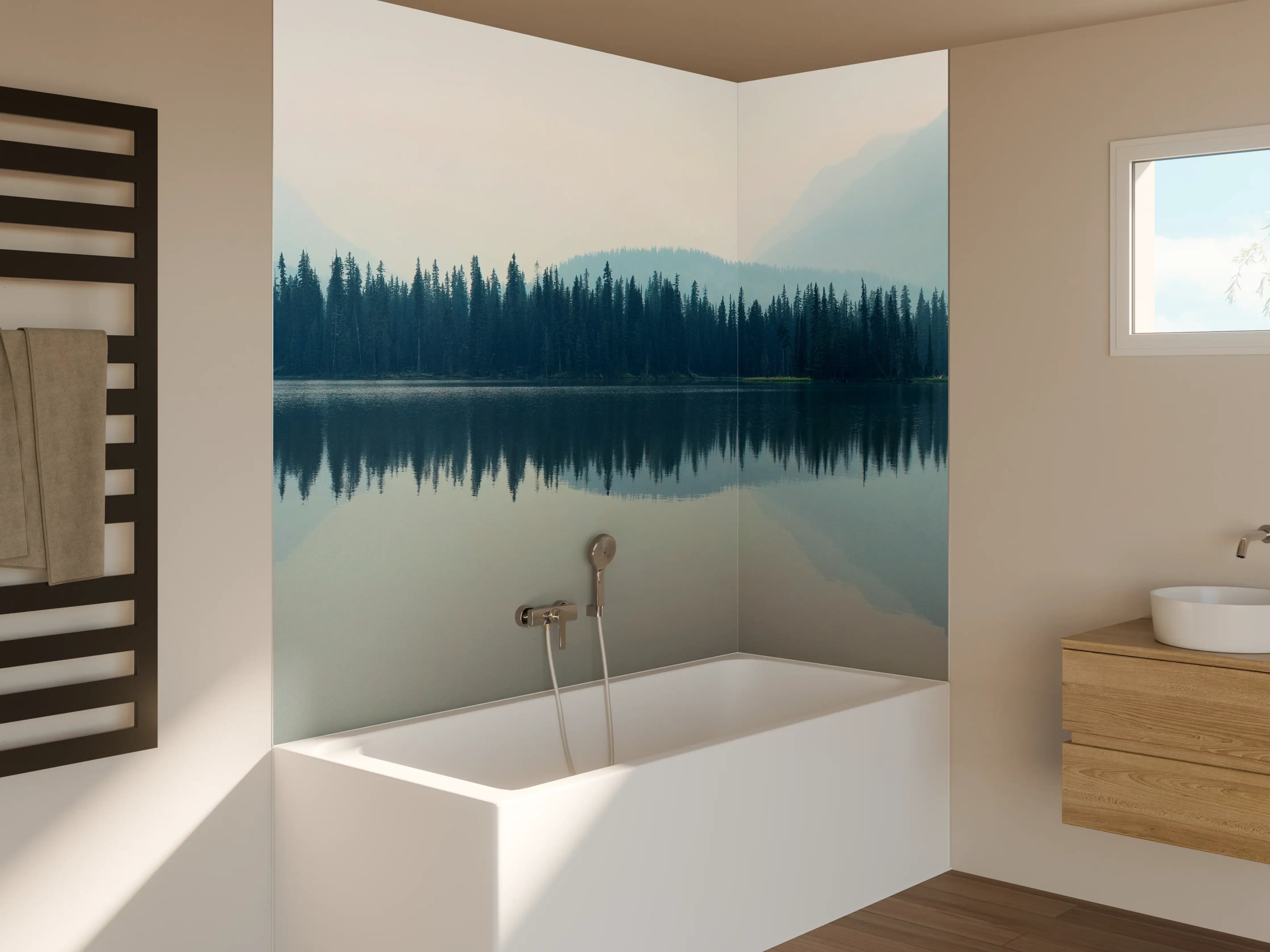 Badewannen-Rückwand - Nebliger Bergsee