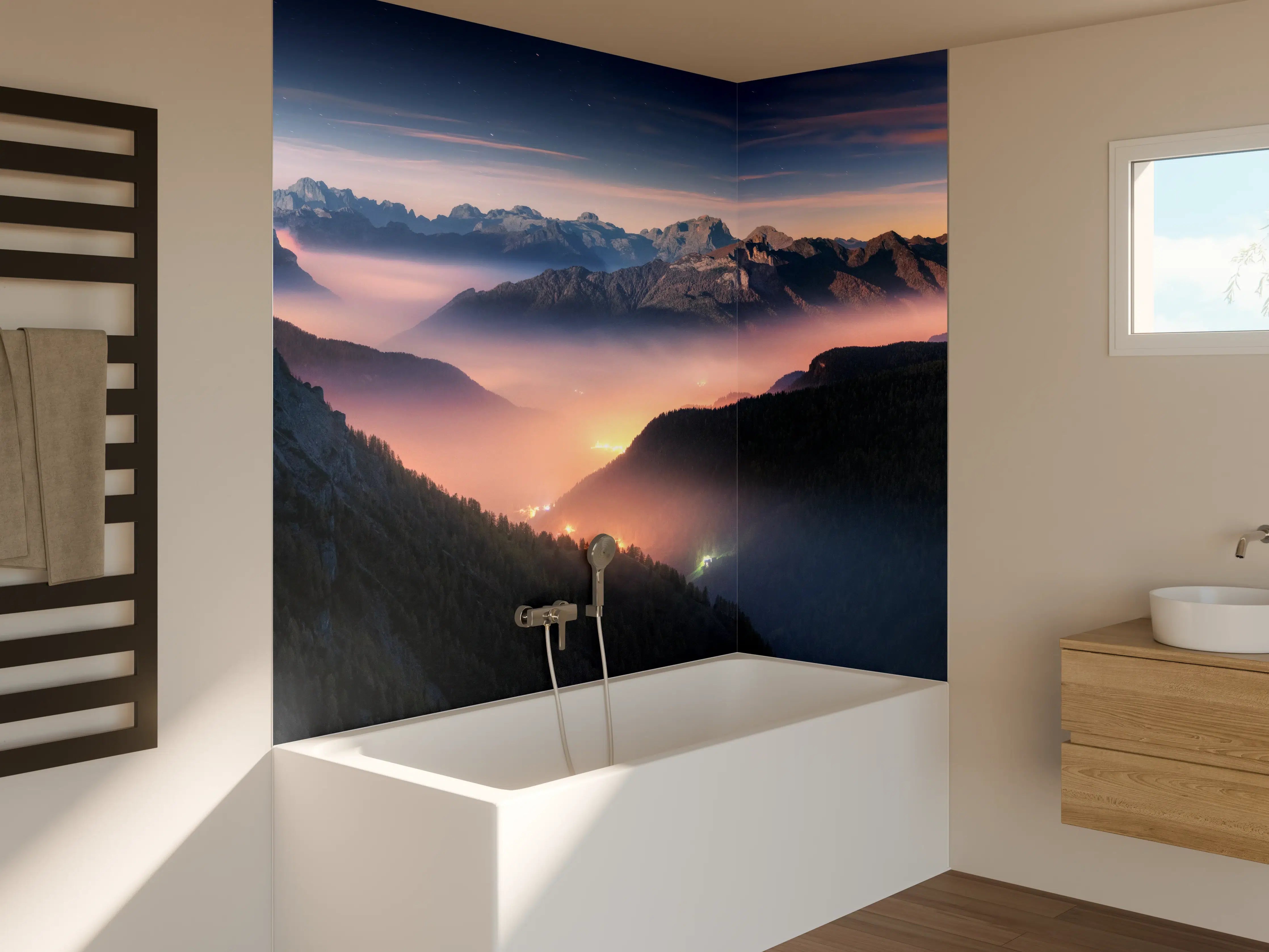 Badewannen-Rückwand - Nebliger Blick auf Dolomiten