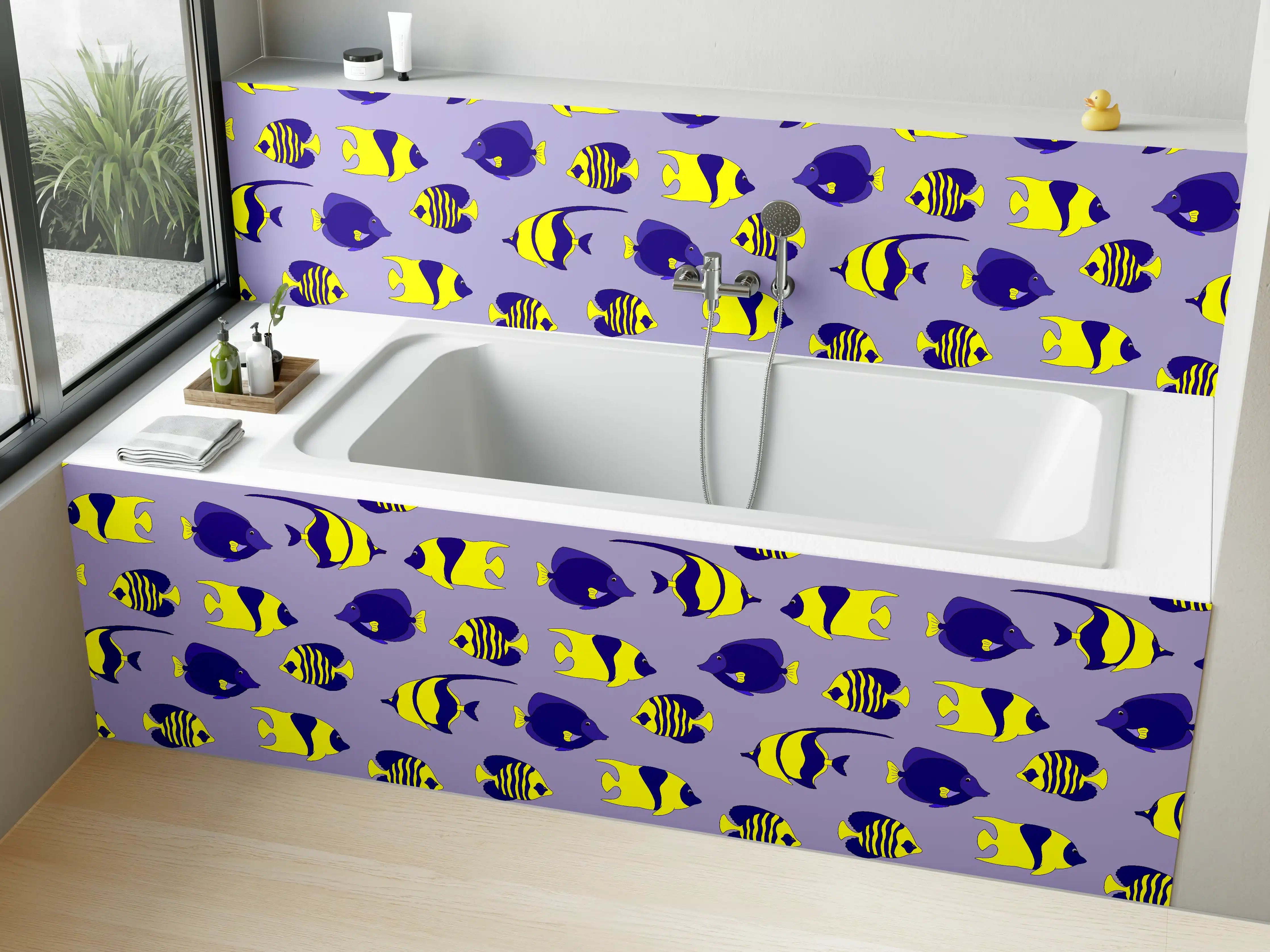 Badewannen-Rückwand - Neon-Fische Gelb-Blau Muster