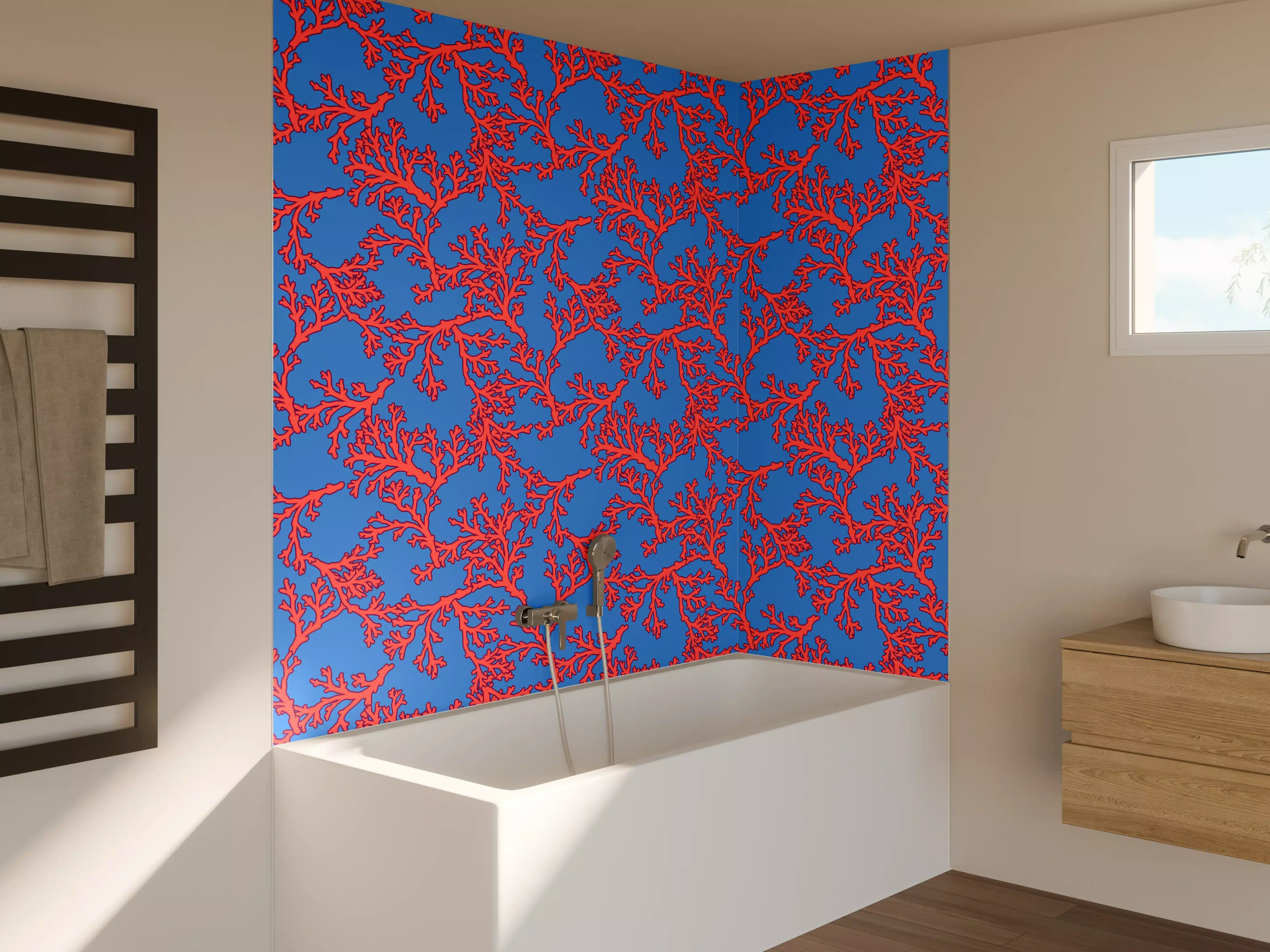 Badewannen-Rückwand - Neon-Korallen Blau-Rot