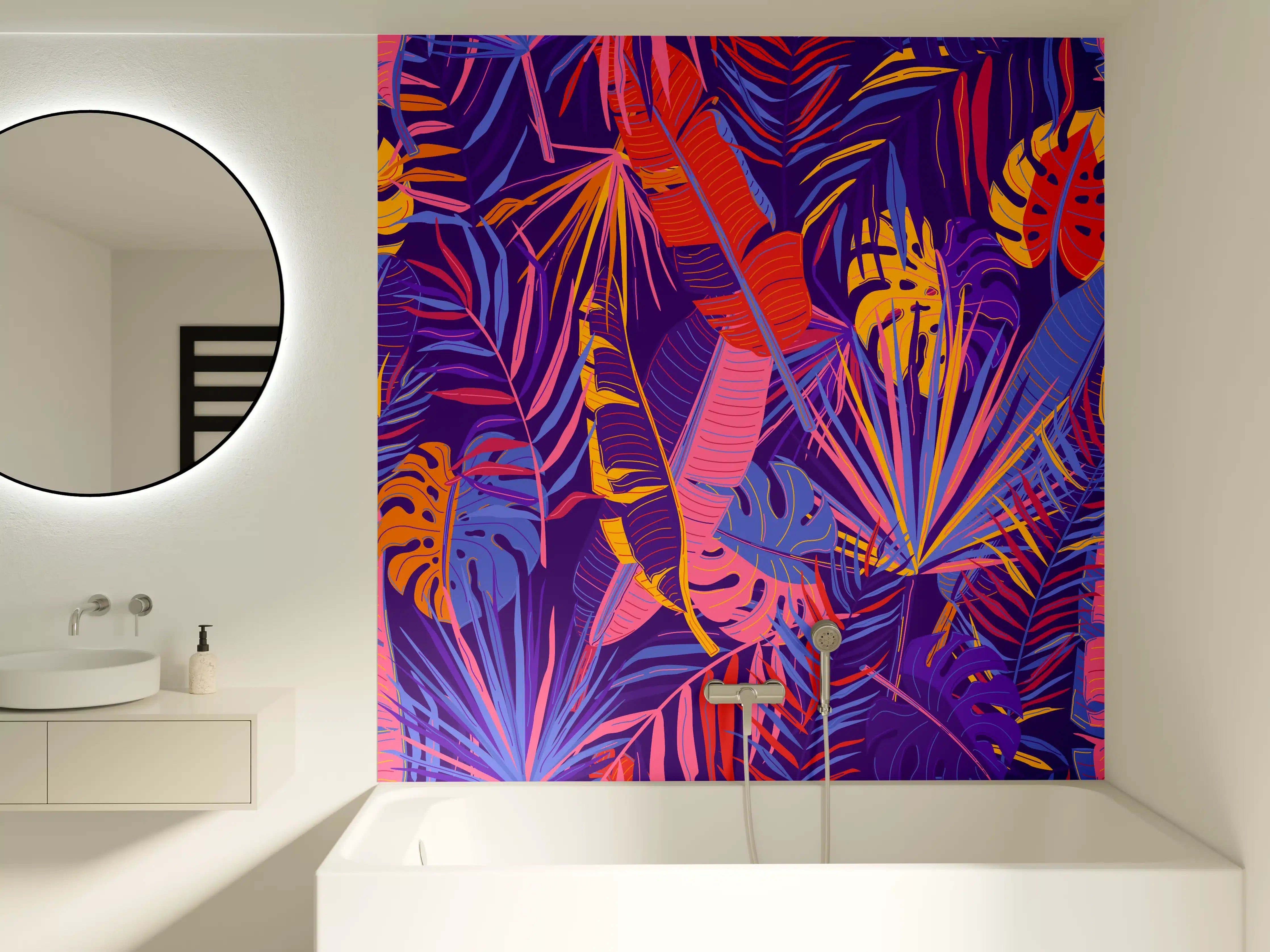 Badewannen-Rückwand - Neon Tropenblätter Muster
