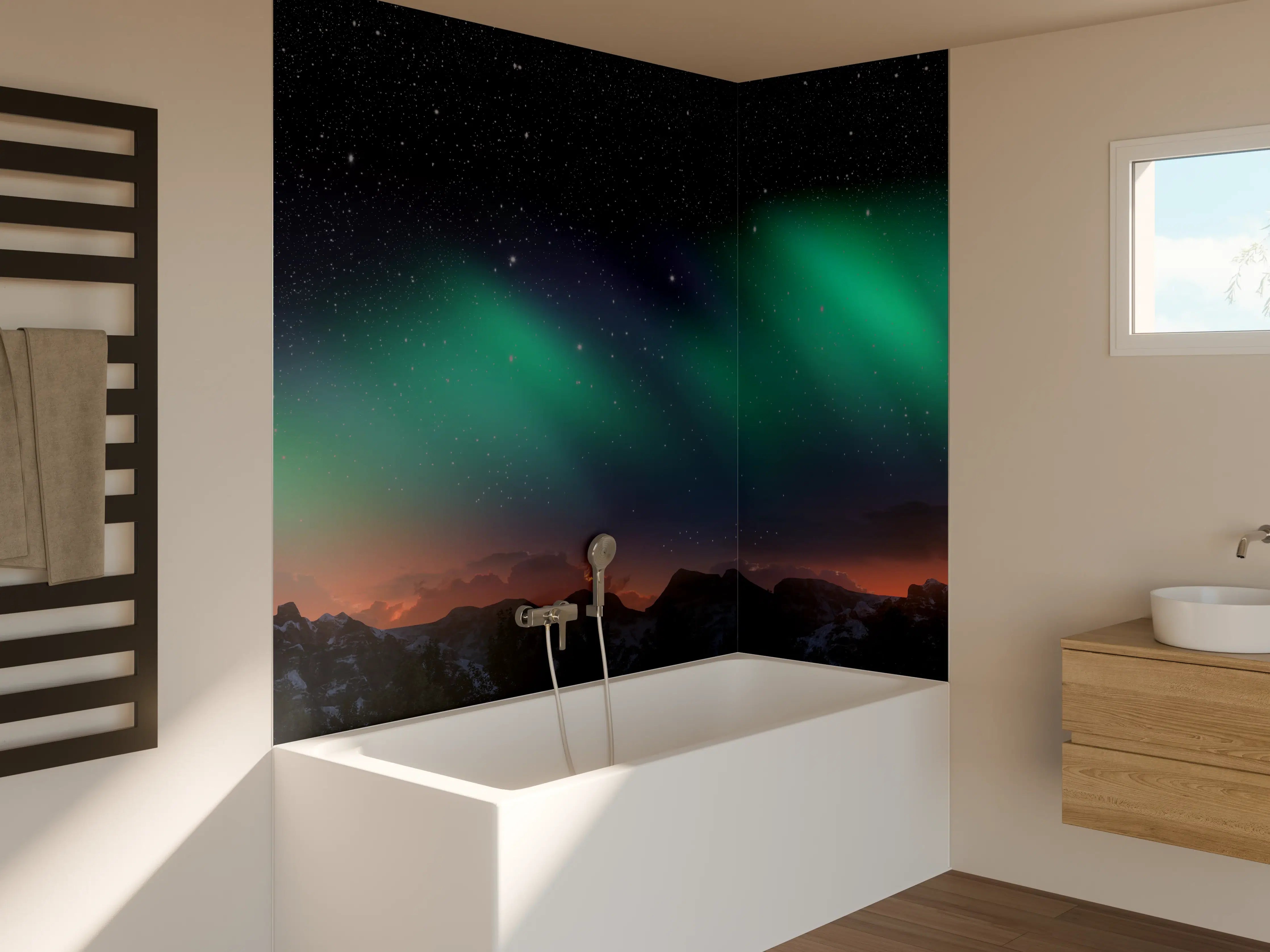 Badewannen-Rückwand - Nordlichter über Bergkulisse