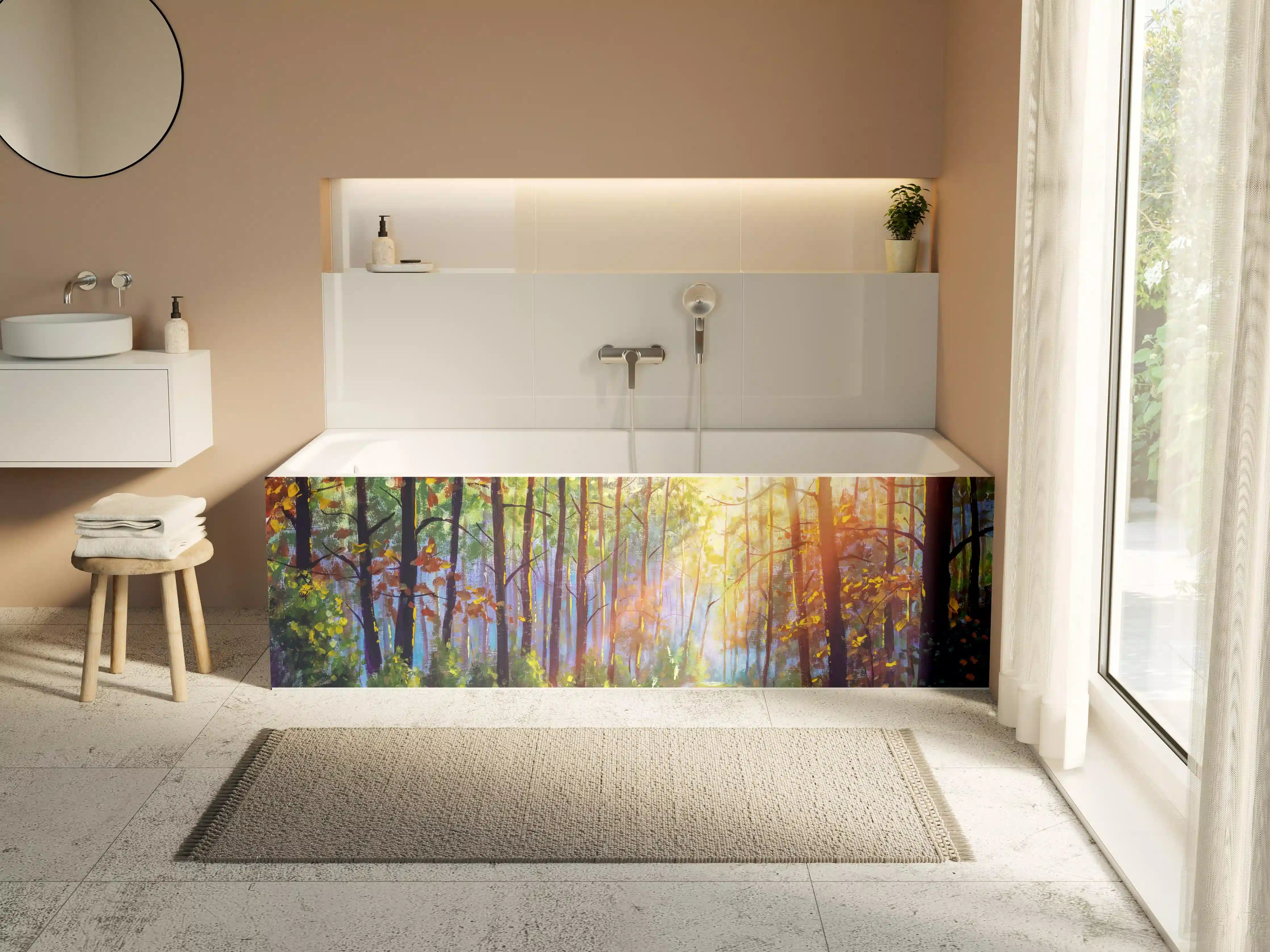 Badewannen-Rückwand - Ölgemälde lichterfüllter Wald im Herbst