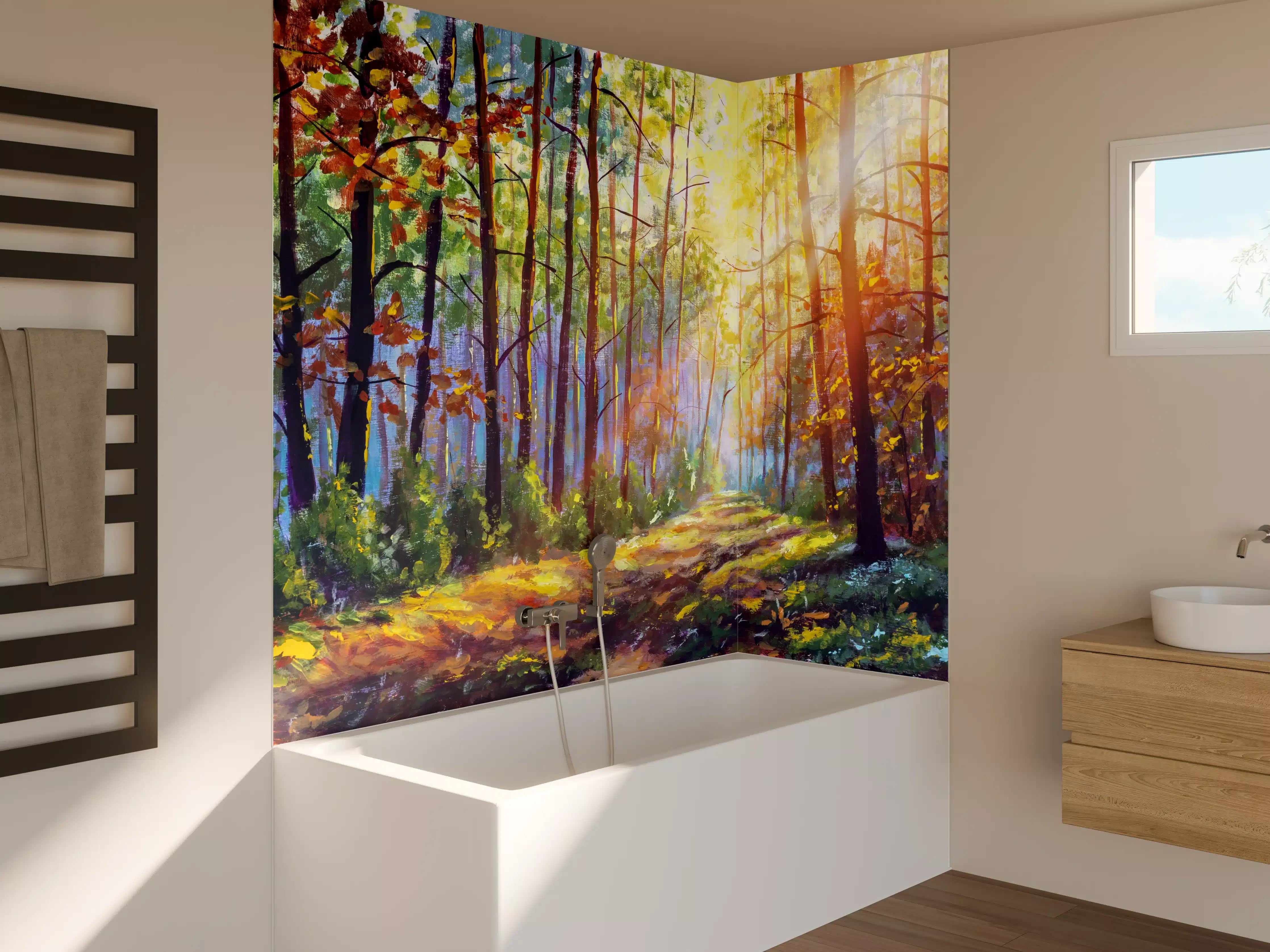 Badewannen-Rückwand - Ölgemälde lichterfüllter Wald im Herbst