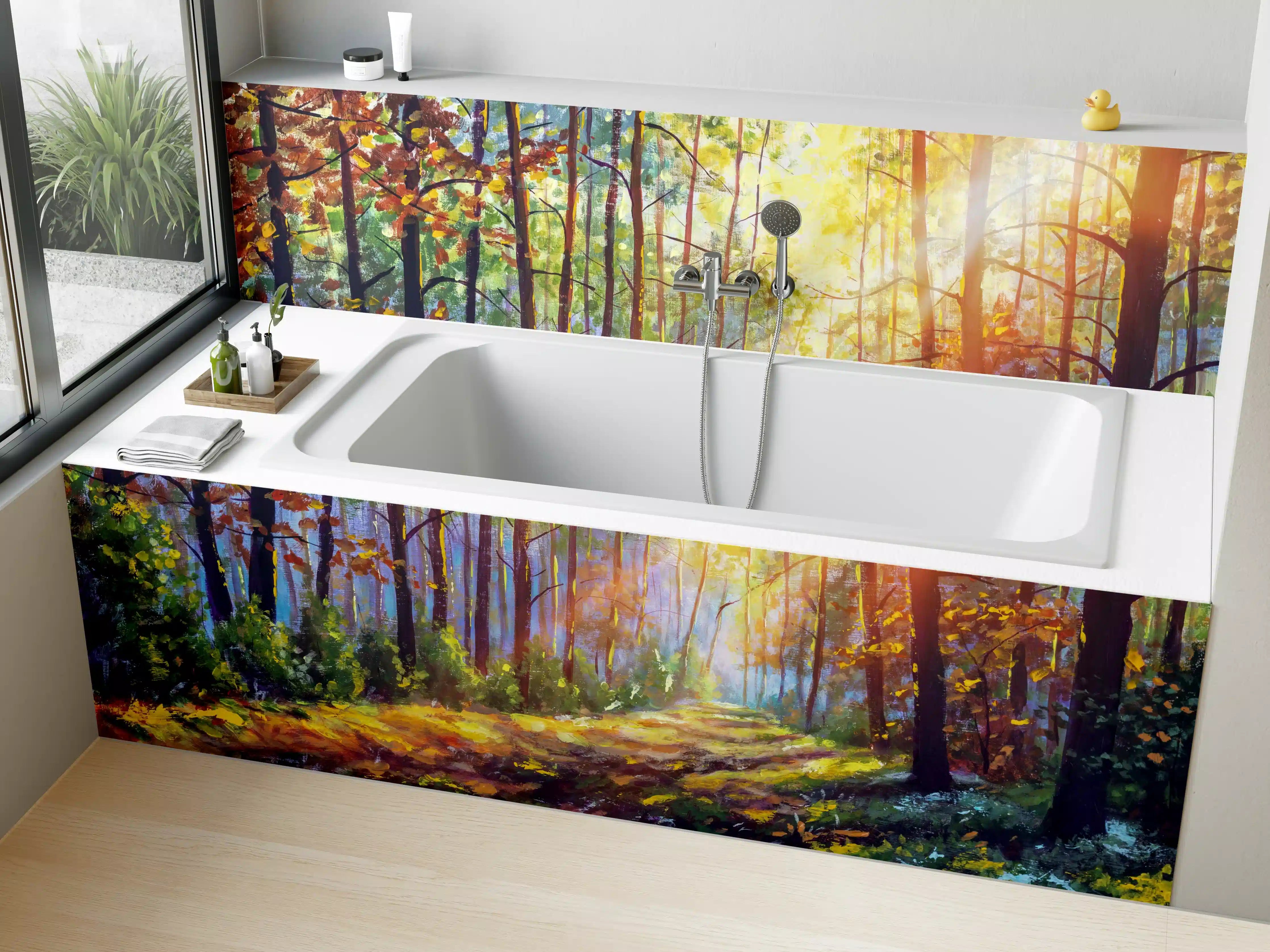 Badewannen-Rückwand - Ölgemälde lichterfüllter Wald im Herbst