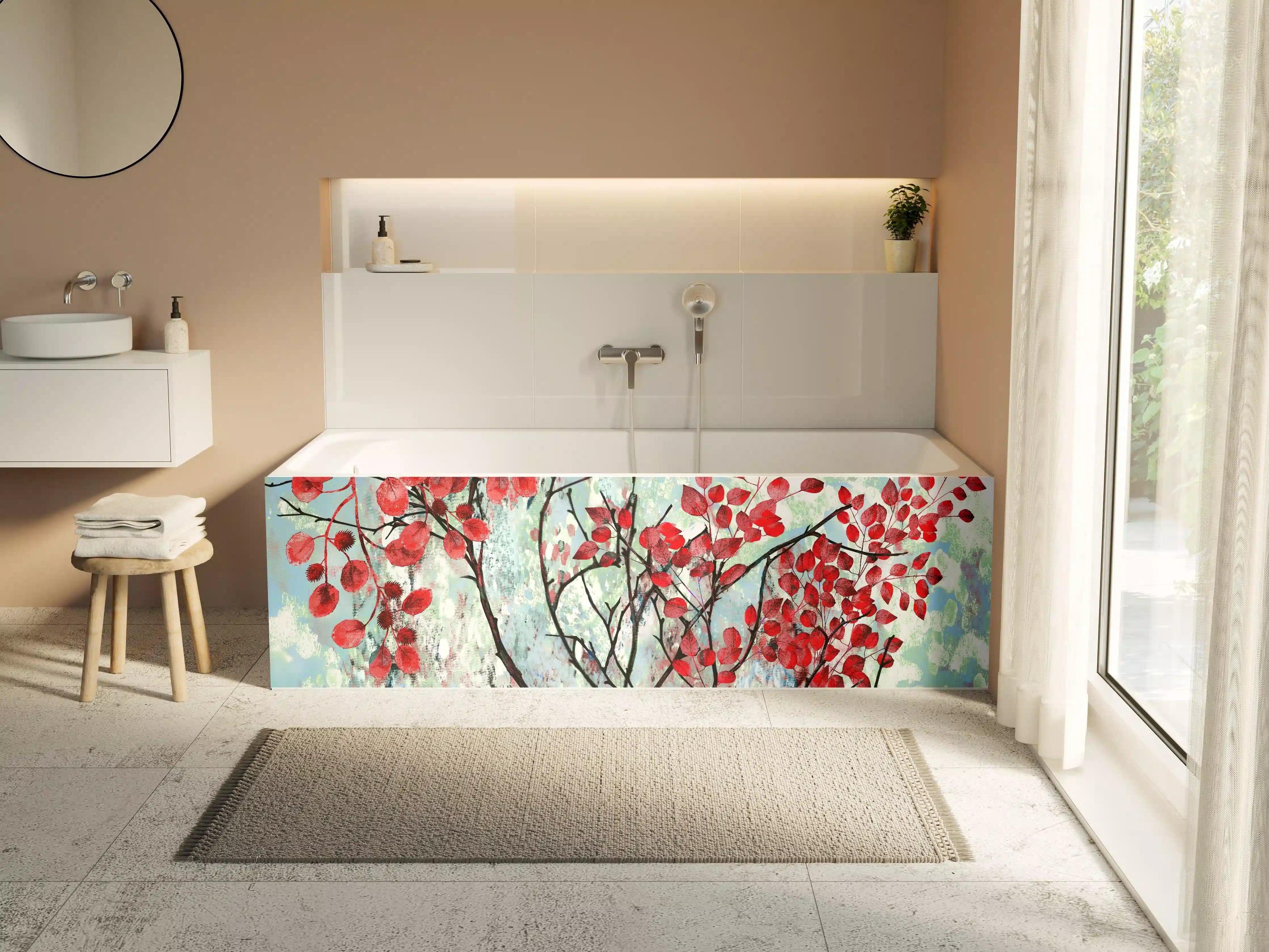 Badewannen-Rückwand - Ölmalerei von roten Blättern im Frühling