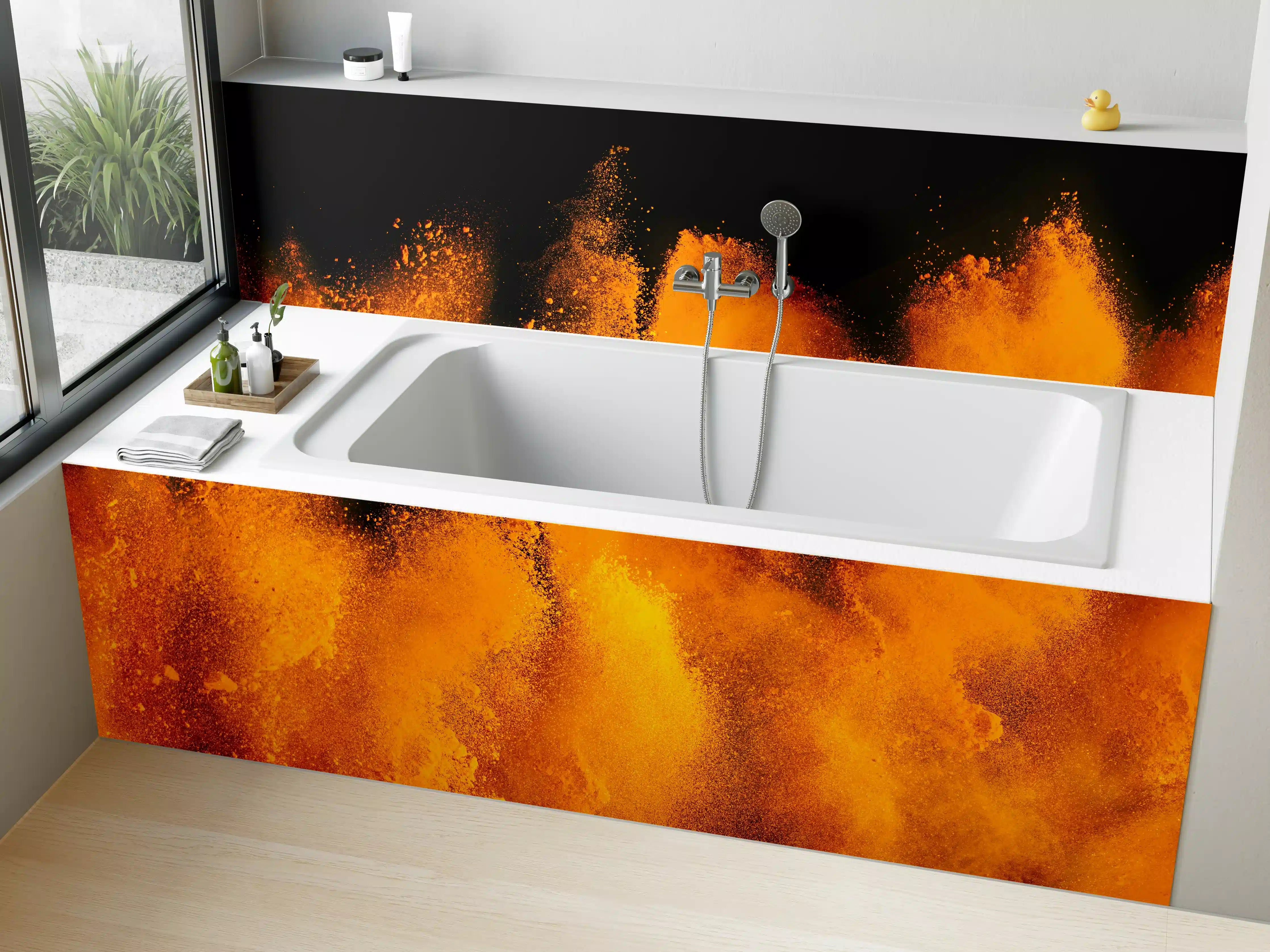 Badewannen-Rückwand - Orange-Rote Holi Farbexplosion