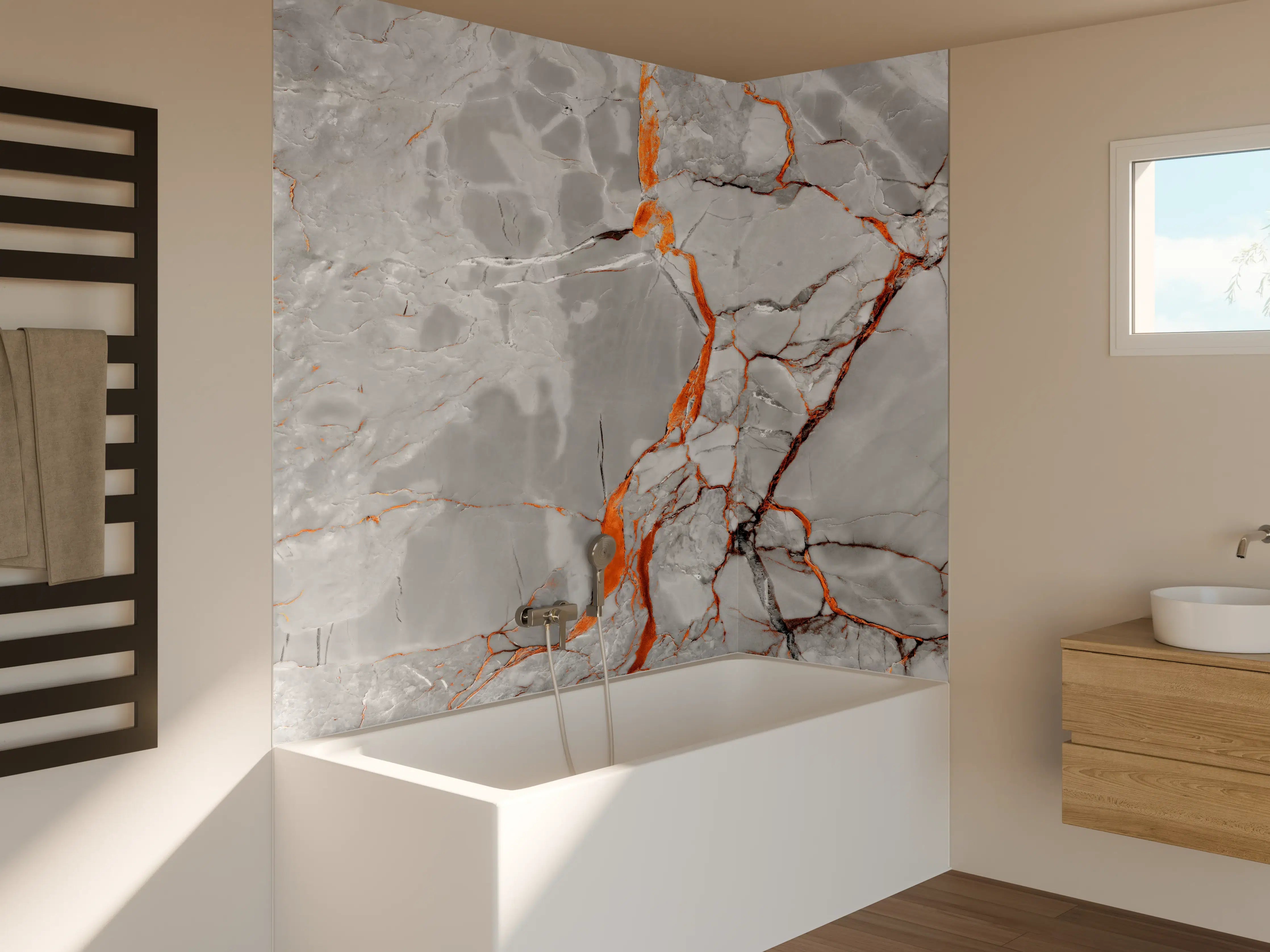 Badewannen-Rückwand - Orange-Weiß natürliche Marmortextur