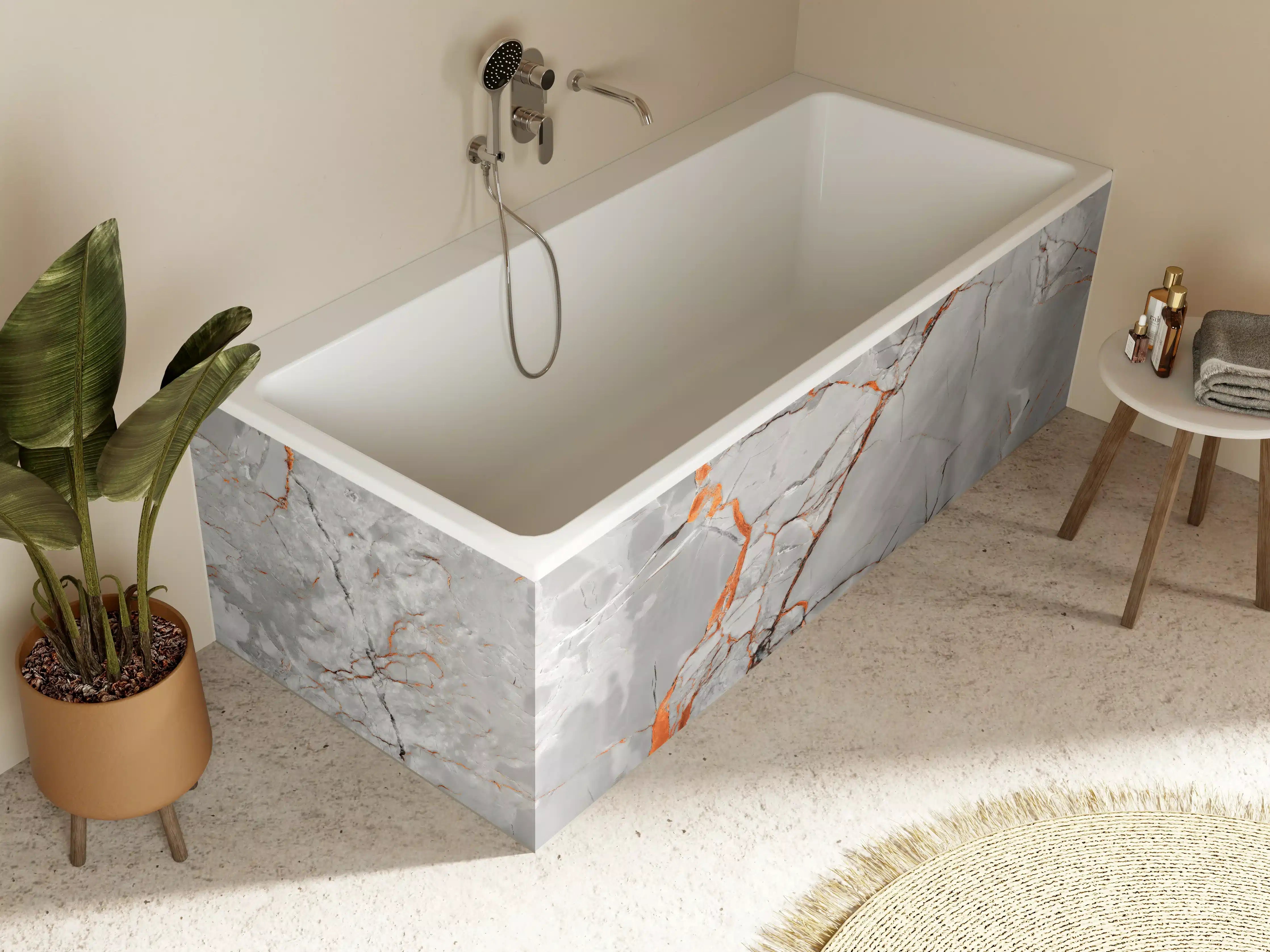 Badewannen-Rückwand - Orange-Weiß natürliche Marmortextur