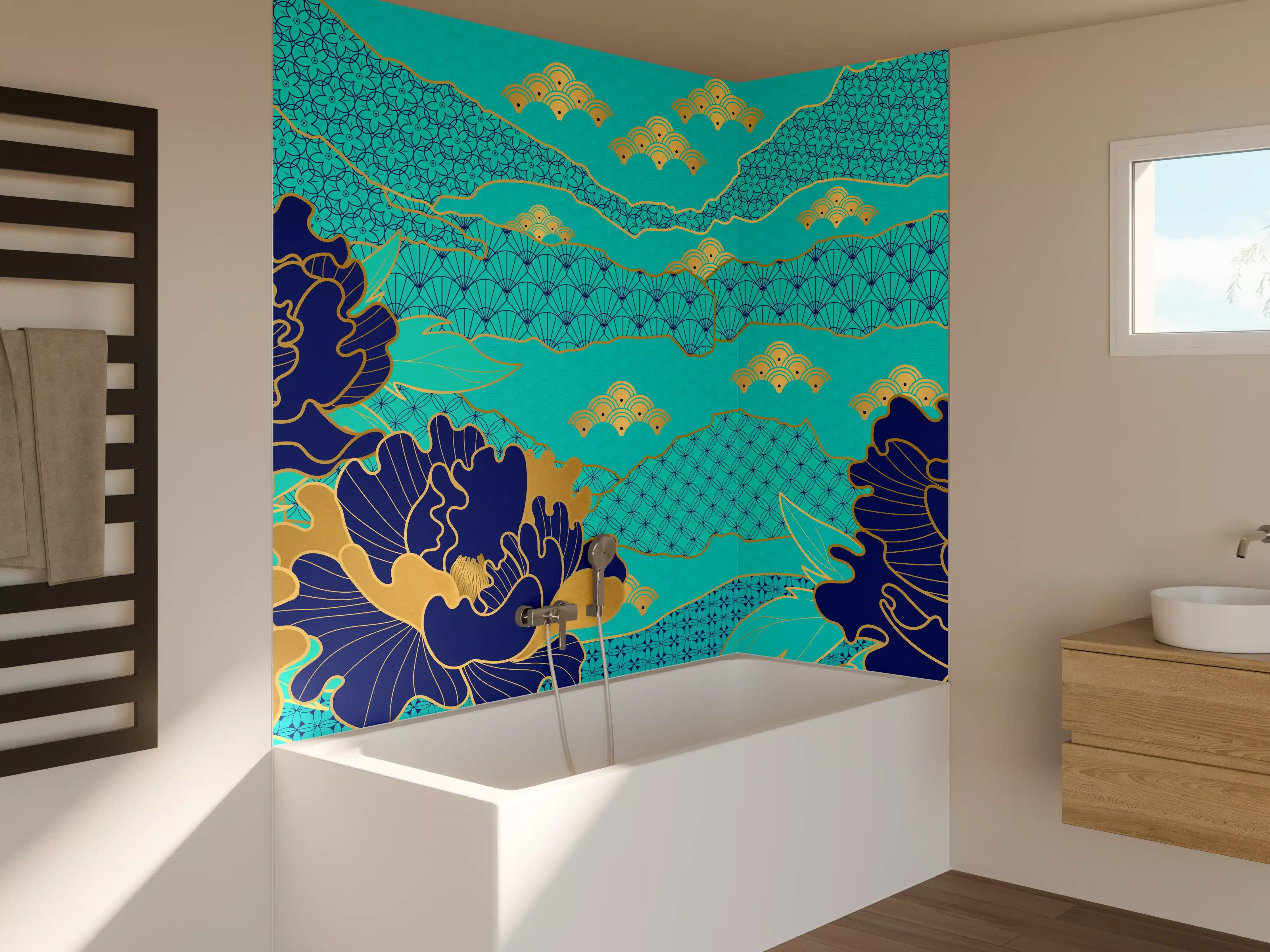 Badewannen-Rückwand - Orientalisch-Blauer Blumen-Digitaldruck