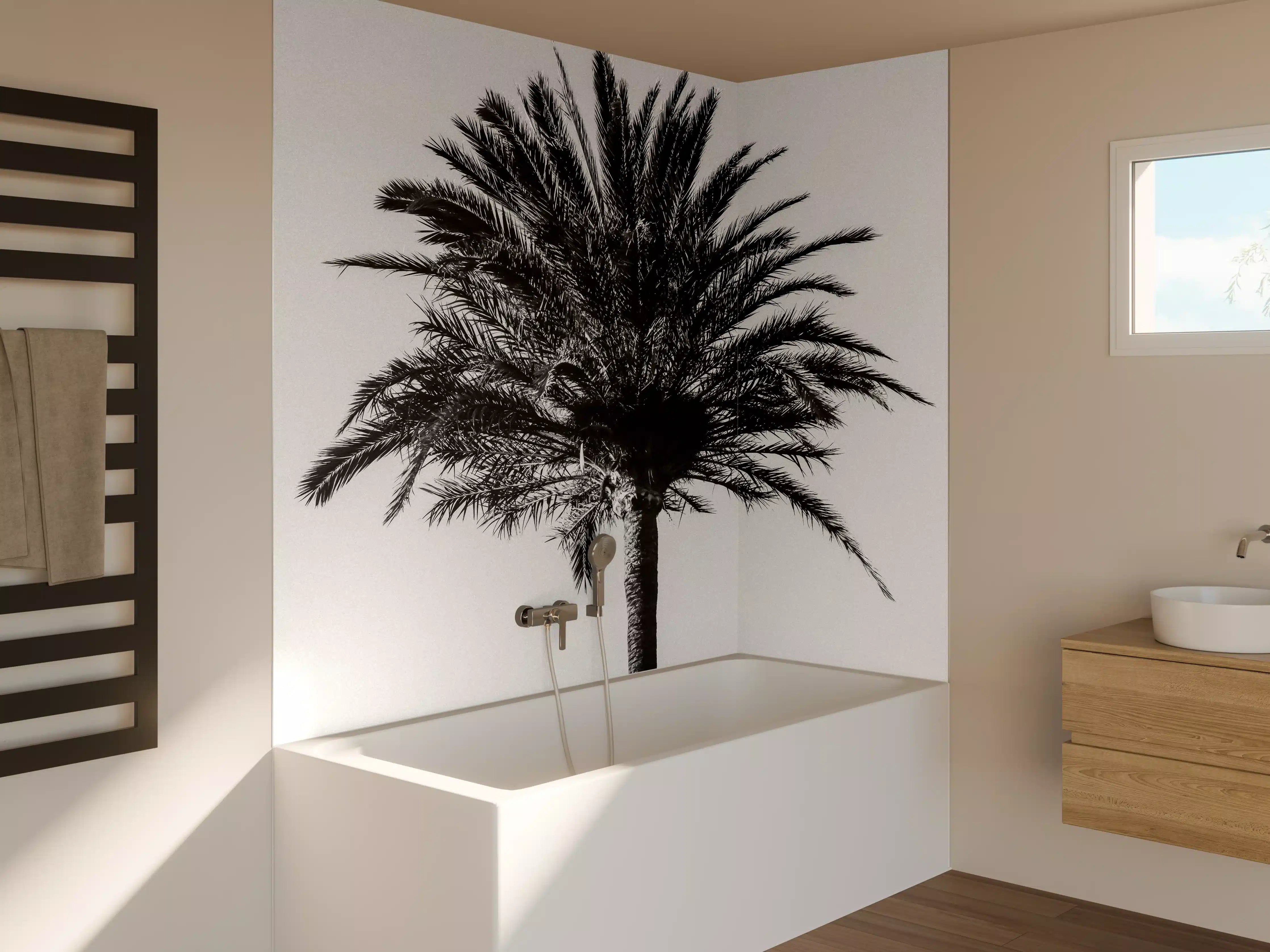 Badewannen-Rückwand - Palme - Schwarz-weiß