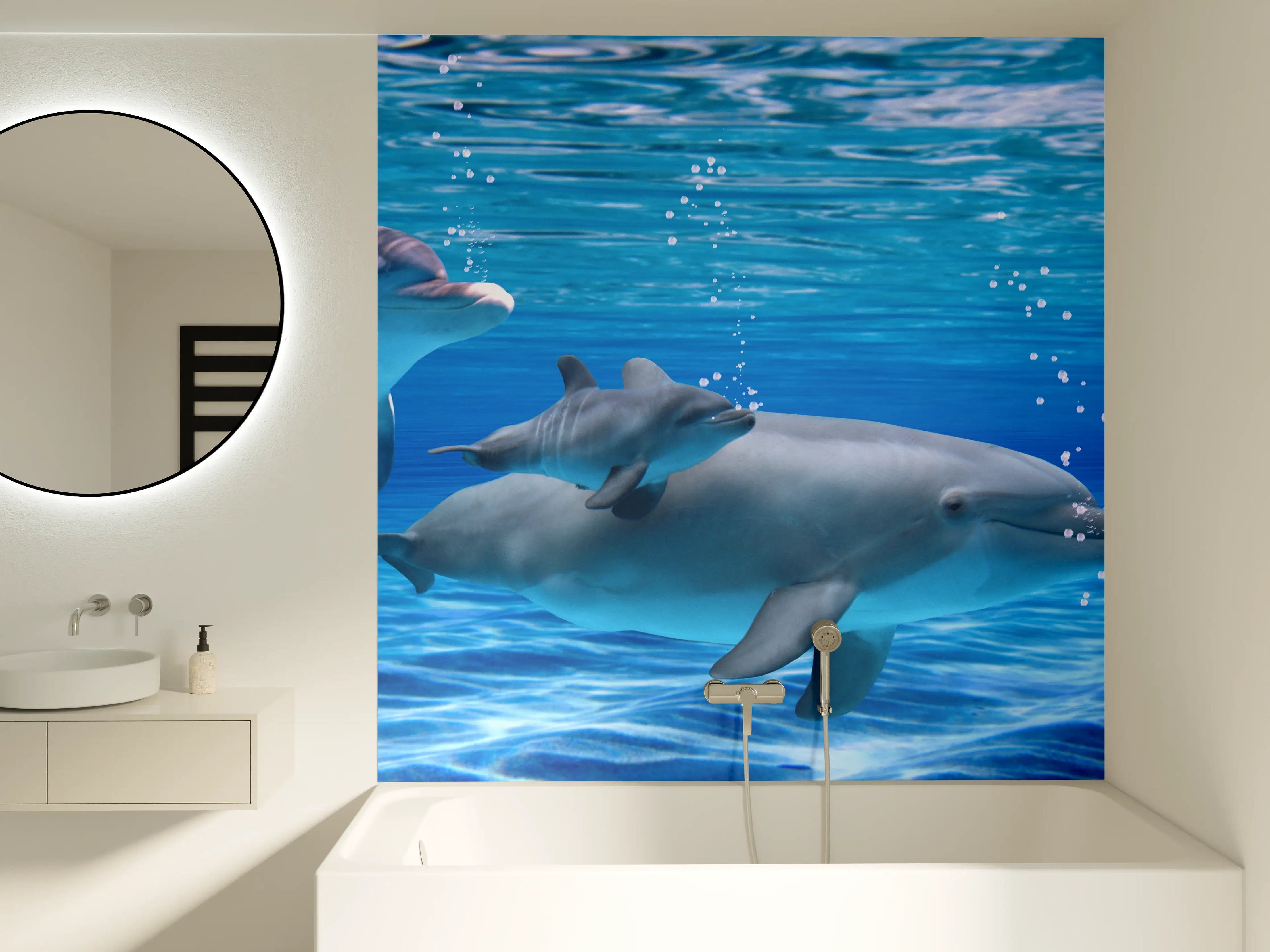 Badewannen-Rückwand - Panorama der schwimmenden Delphine