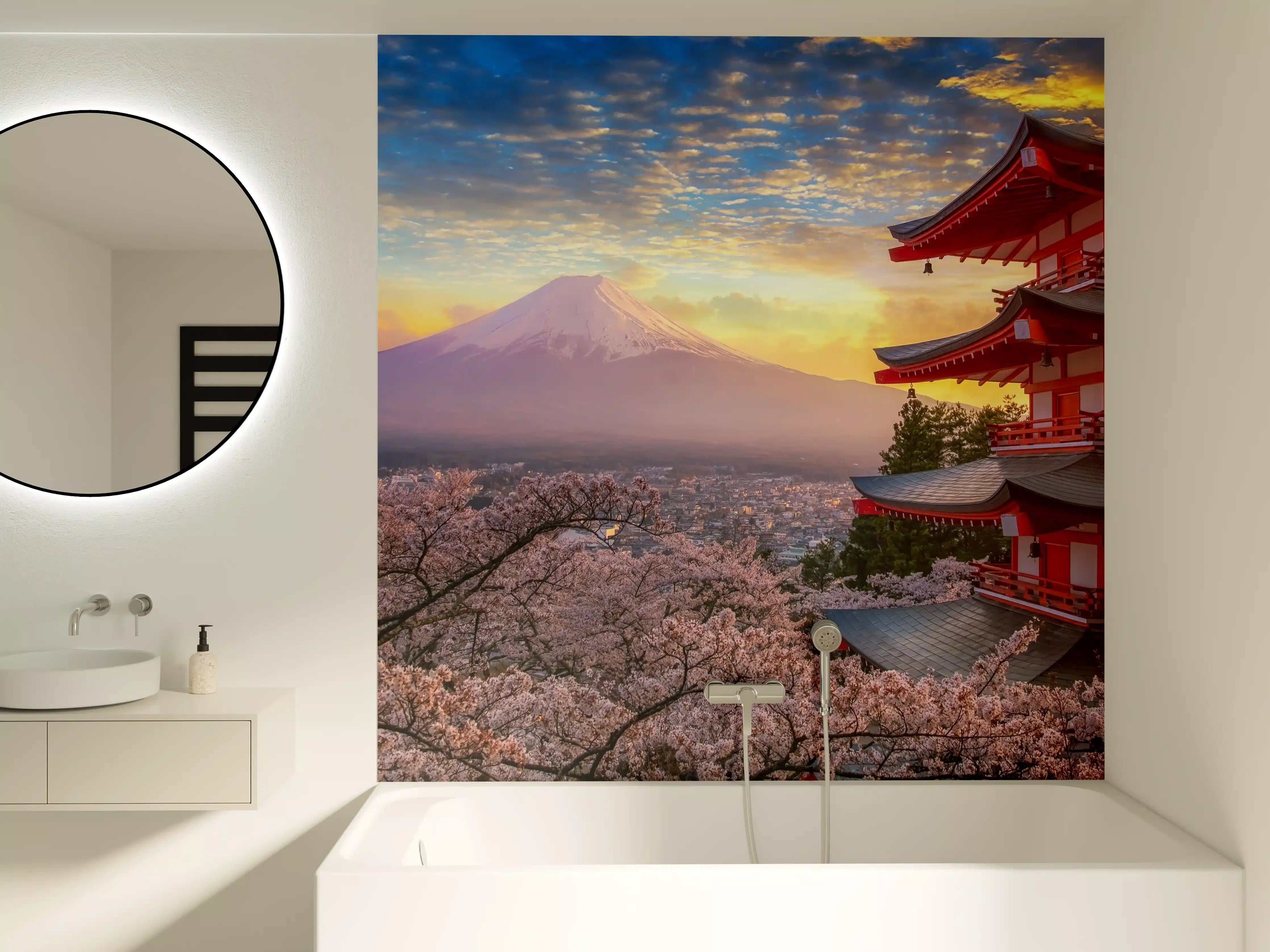Badewannen-Rückwand - Panoramablick auf Fujiyoshida Sonnenuntergang