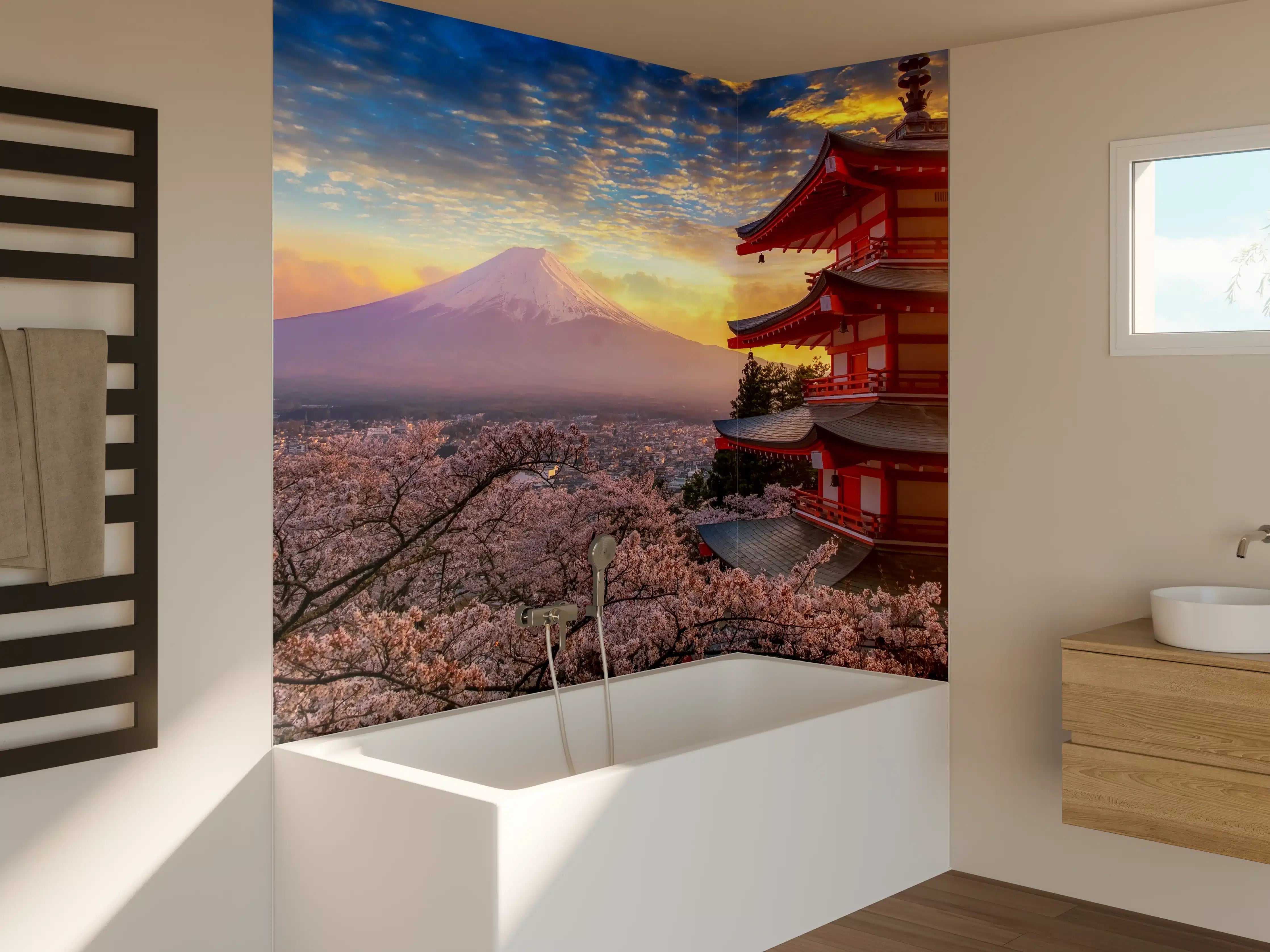 Badewannen-Rückwand - Panoramablick auf Fujiyoshida Sonnenuntergang