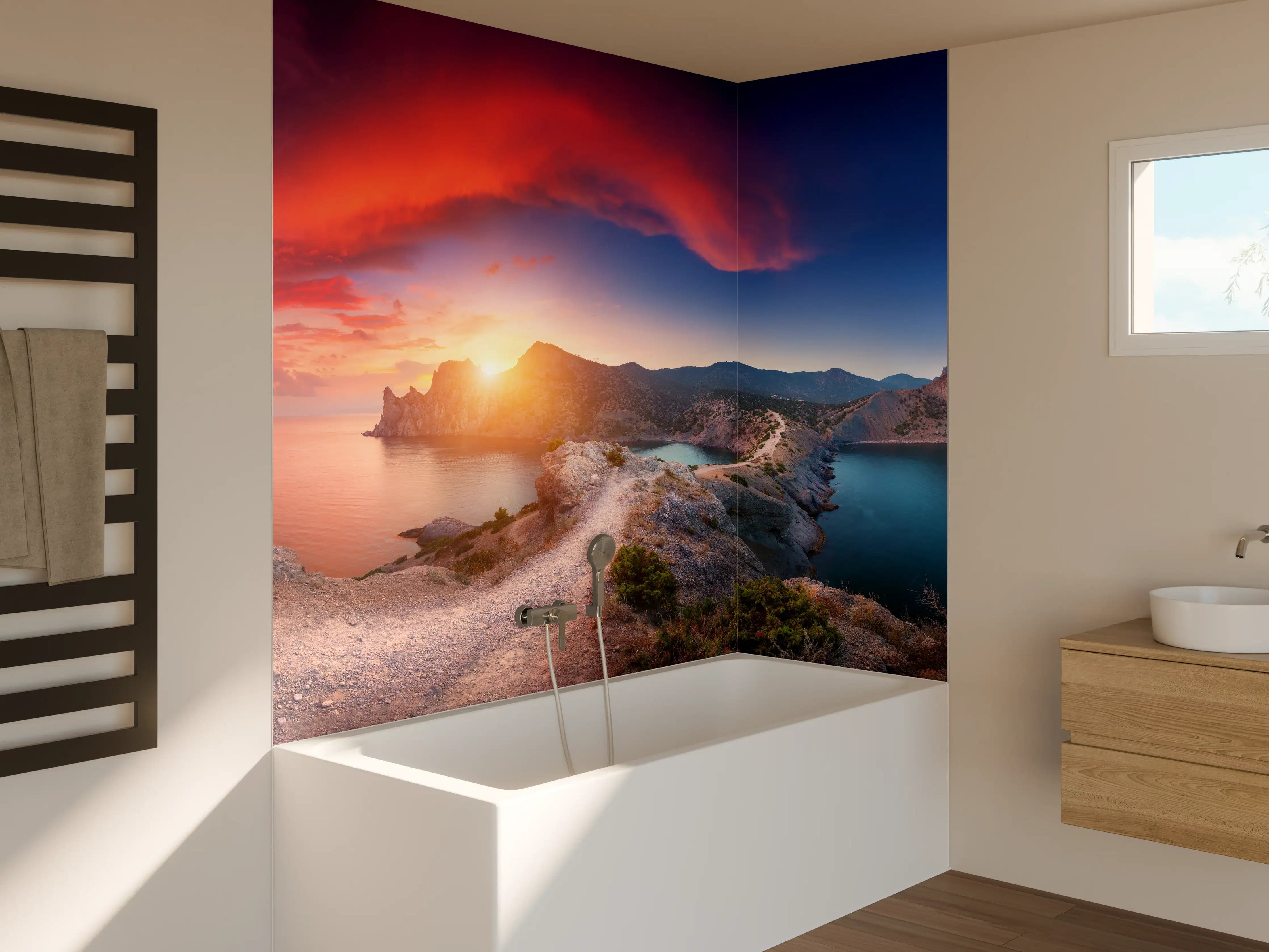 Badewannen-Rückwand - Panoramalandschaft mit Bergen